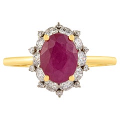 Bague imposante « halo » faite main, sertie d'un rubis naturel et de diamants, 1,52 ct, en or jaune 14 carats