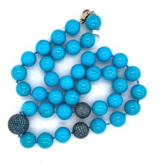 Natural Italian Turquoise Beads & Blue Diamonds Ball Necklace Made in 14k Gold