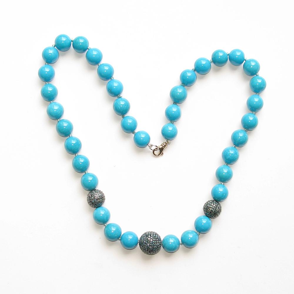 Artisan Natural Italian Turquoise Beads & Blue Diamonds Ball Necklace Made in 14k Gold For Sale