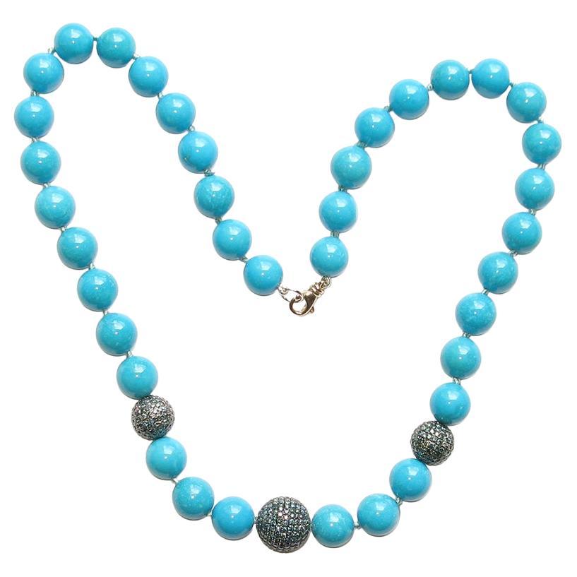 Natural Italian Turquoise Beads & Blue Diamonds Ball Necklace Made in 14k Gold For Sale