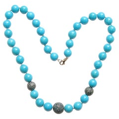 Collier de boules en or 14 carats avec perles de turquoise naturelle italienne et diamants bleus