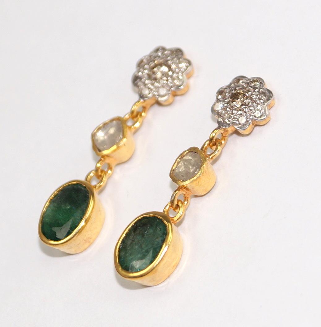 Round Cut Handmade natural uncut rose cut diamonds emeralds 925 silver earrings For Sale