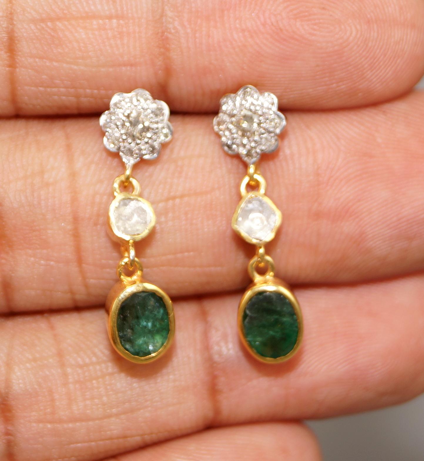 Handmade natural uncut rose cut diamonds emeralds 925 silver earrings For Sale 1