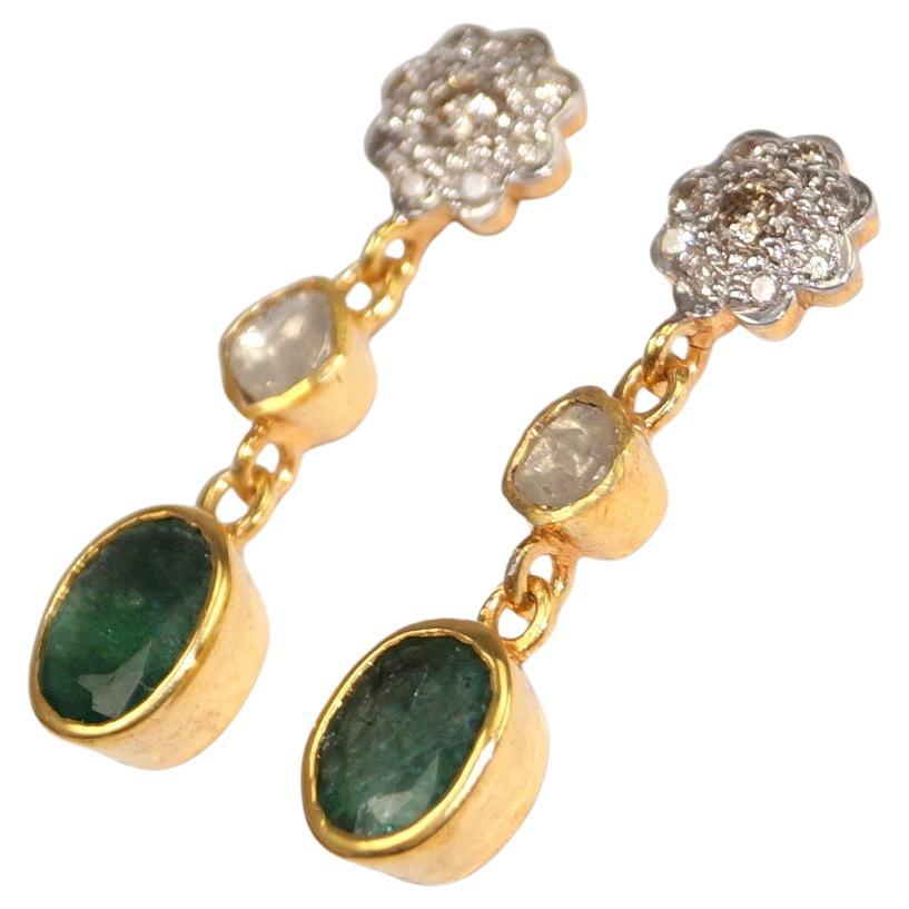 Handmade natural uncut rose cut diamonds emeralds 925 silver earrings For Sale