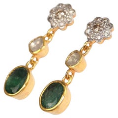 Handgefertigte natürliche ungeschliffene Diamanten im Rosenschliff Smaragde 925 Silber Ohrringe