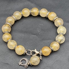 Handmade Natural Yellow Rutile Quartz Bracelet, 10 mm Beads, Silver Metal 7 Inch