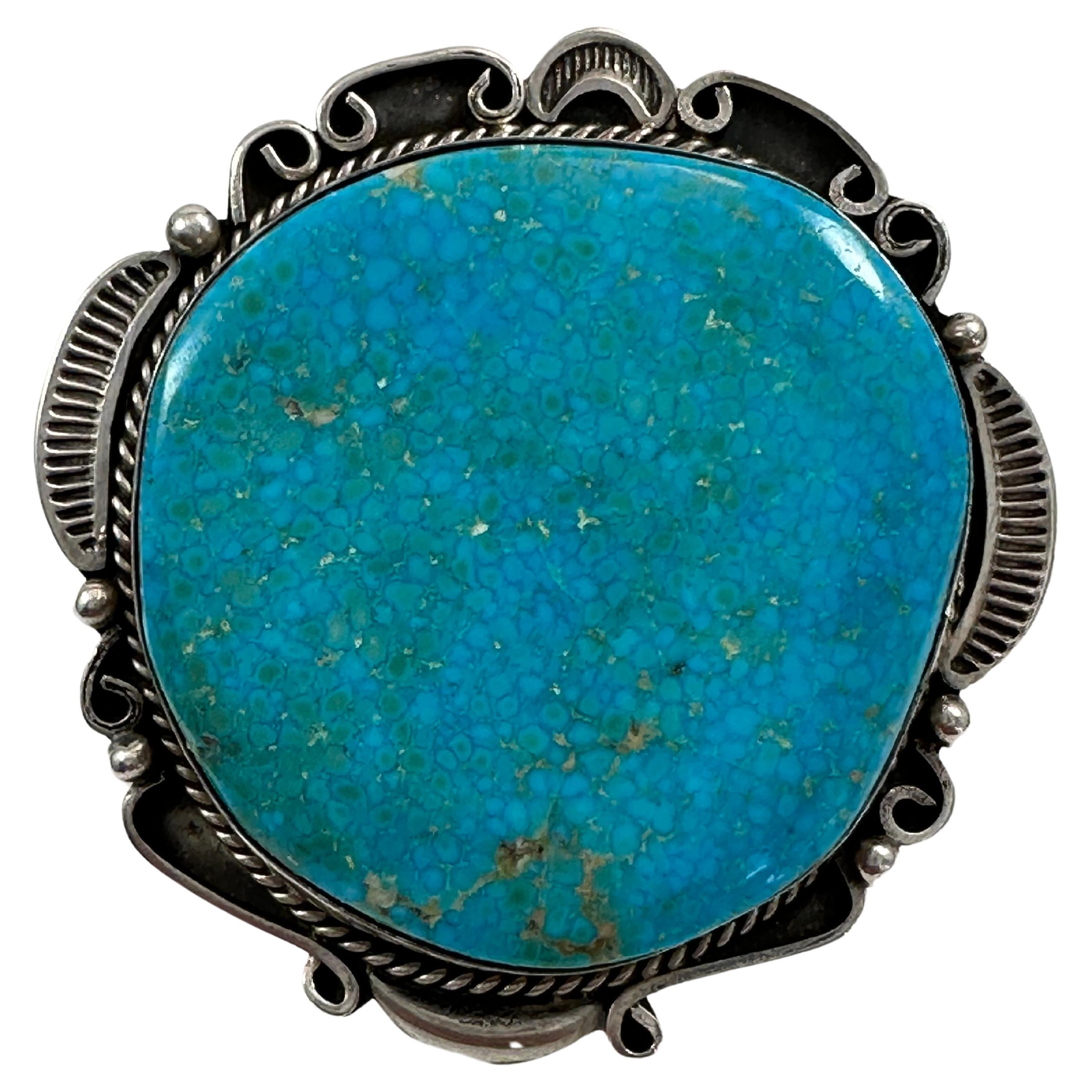 Handmade Navajo Sterling Silver .925  2" Round Birdseye Turquoise Ring Size 10.5 For Sale