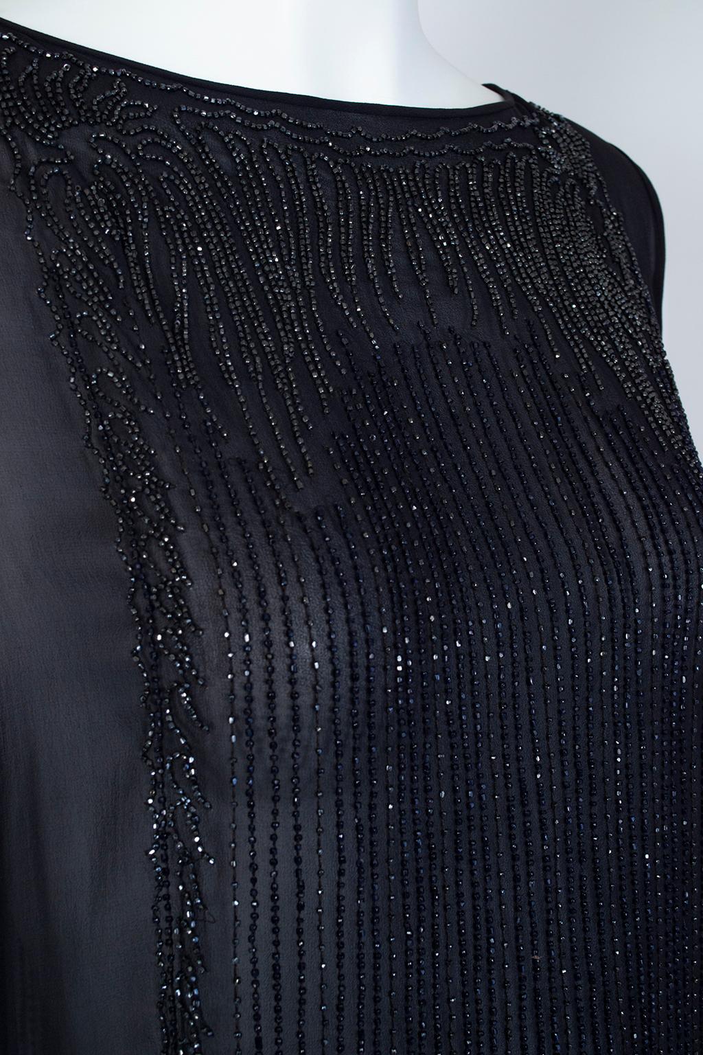 Handmade Sheer Navy Czech Glass Bead Tabard Flapper Dress, France - M-L, 1920s For Sale 4