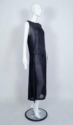 Handmade Sheer Navy Czech Glass Bead Tabard Flapper Dress, France - M-L, 1920s