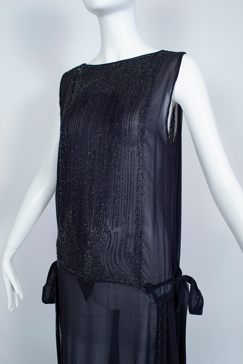 Black Handmade Sheer Navy Czech Glass Bead Tabard Flapper Dress, France - M-L, 1920s For Sale