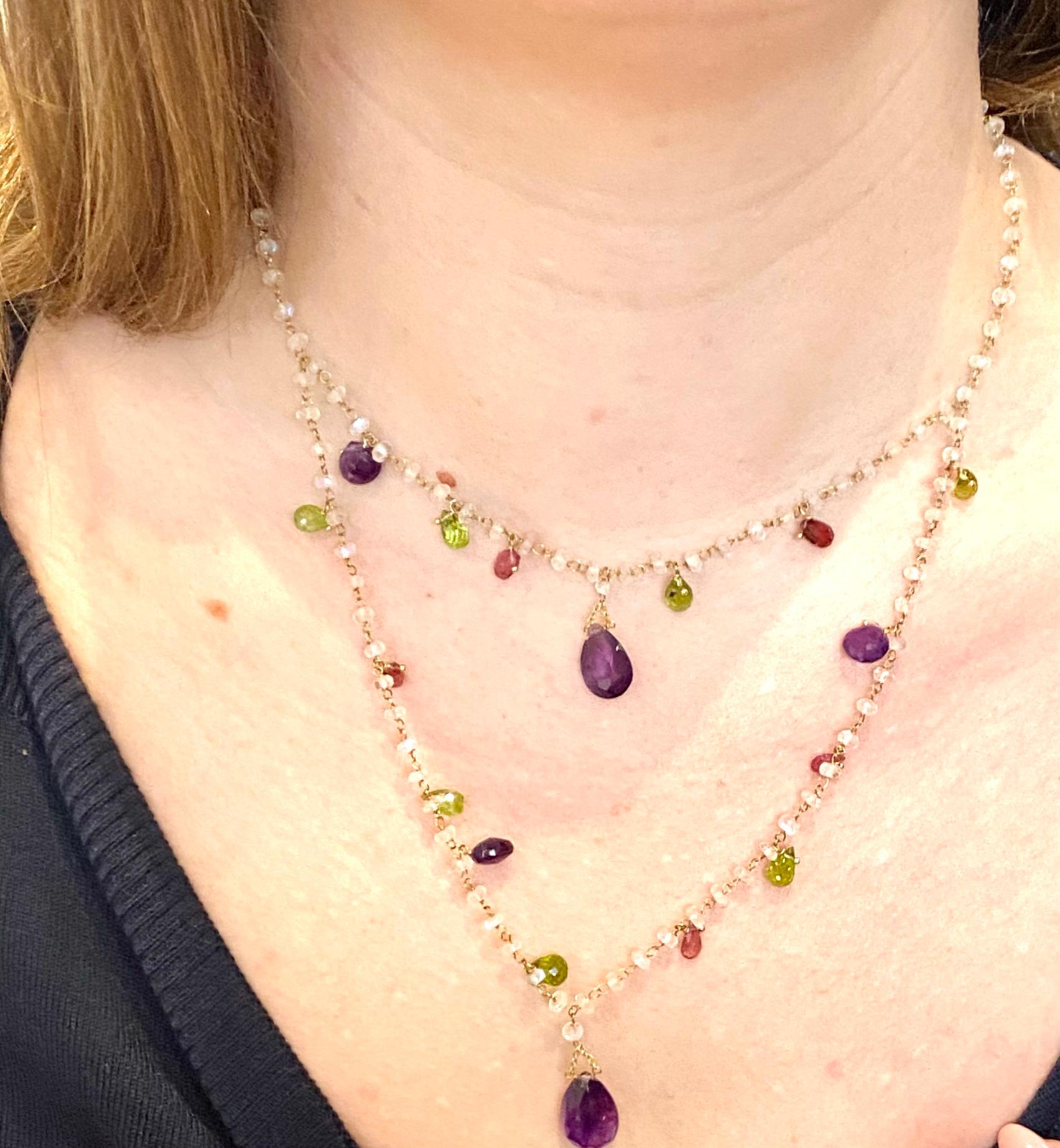 Handmade Necklace, Made of Amethysts, Peridots, Rubelite and Moonstones, Gold In New Condition In Heerlen, NL