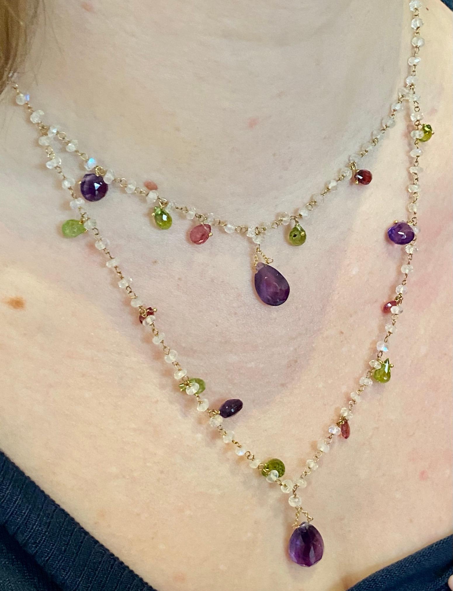 Women's Handmade Necklace, Made of Amethysts, Peridots, Rubelite and Moonstones, Gold