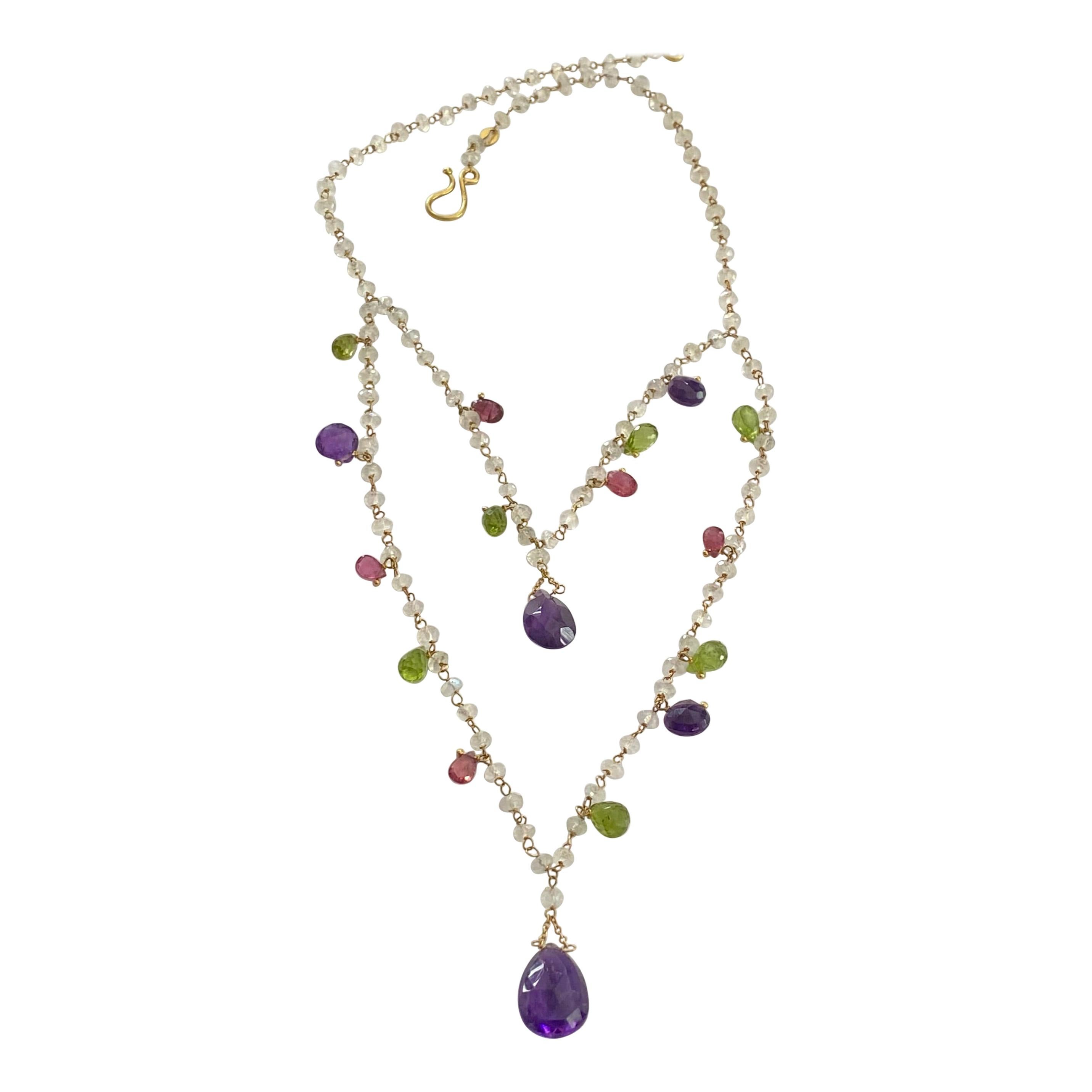 Handmade Necklace, Made of Amethysts, Peridots, Rubelite and Moonstones, Gold
