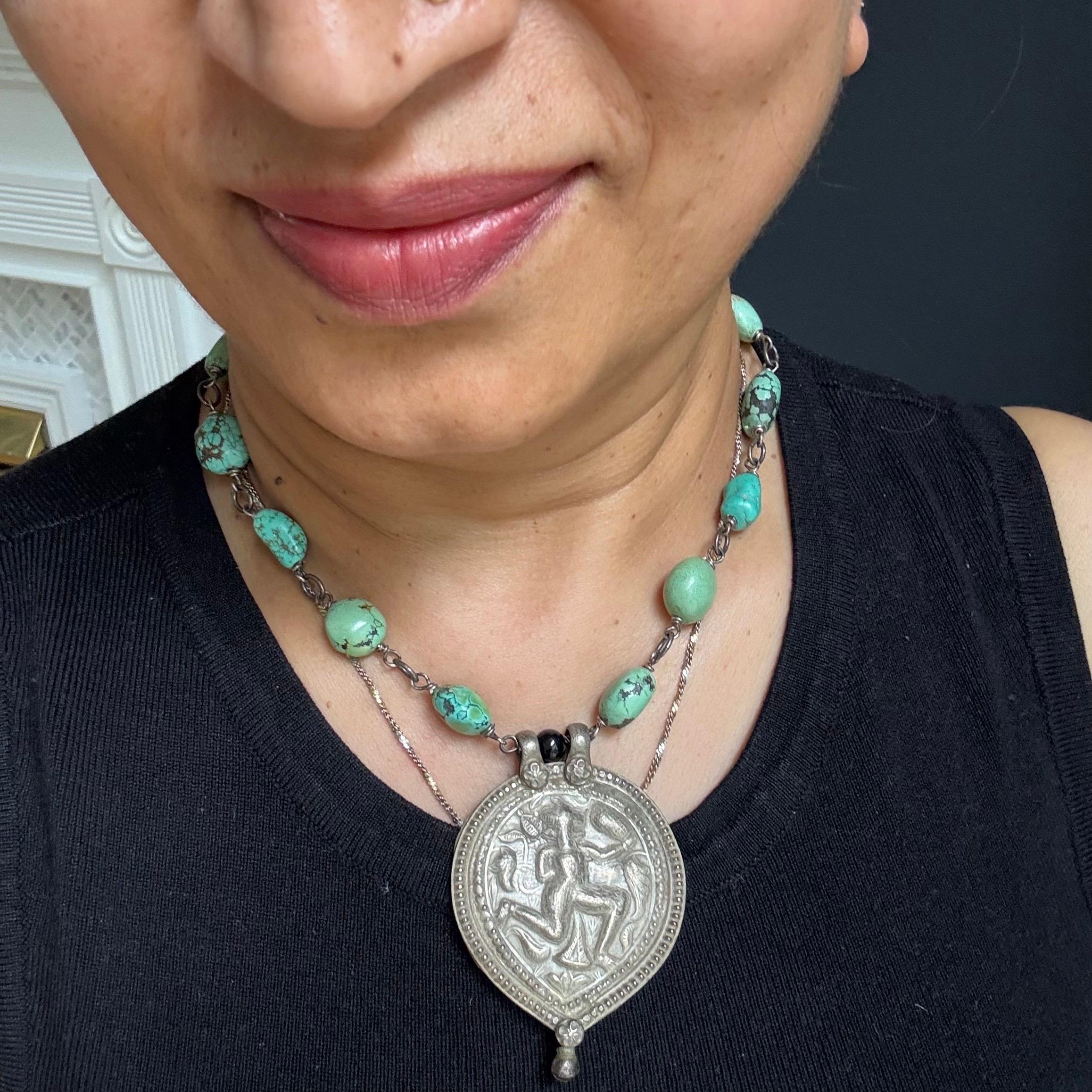 Handmade Necklace with Antique Indian Silver Hanuman Amulet Turquoise For Sale 4