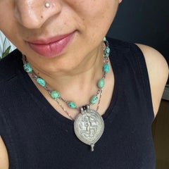 Handmade Necklace with Antique Indian Silver Hanuman Amulet Turquoise