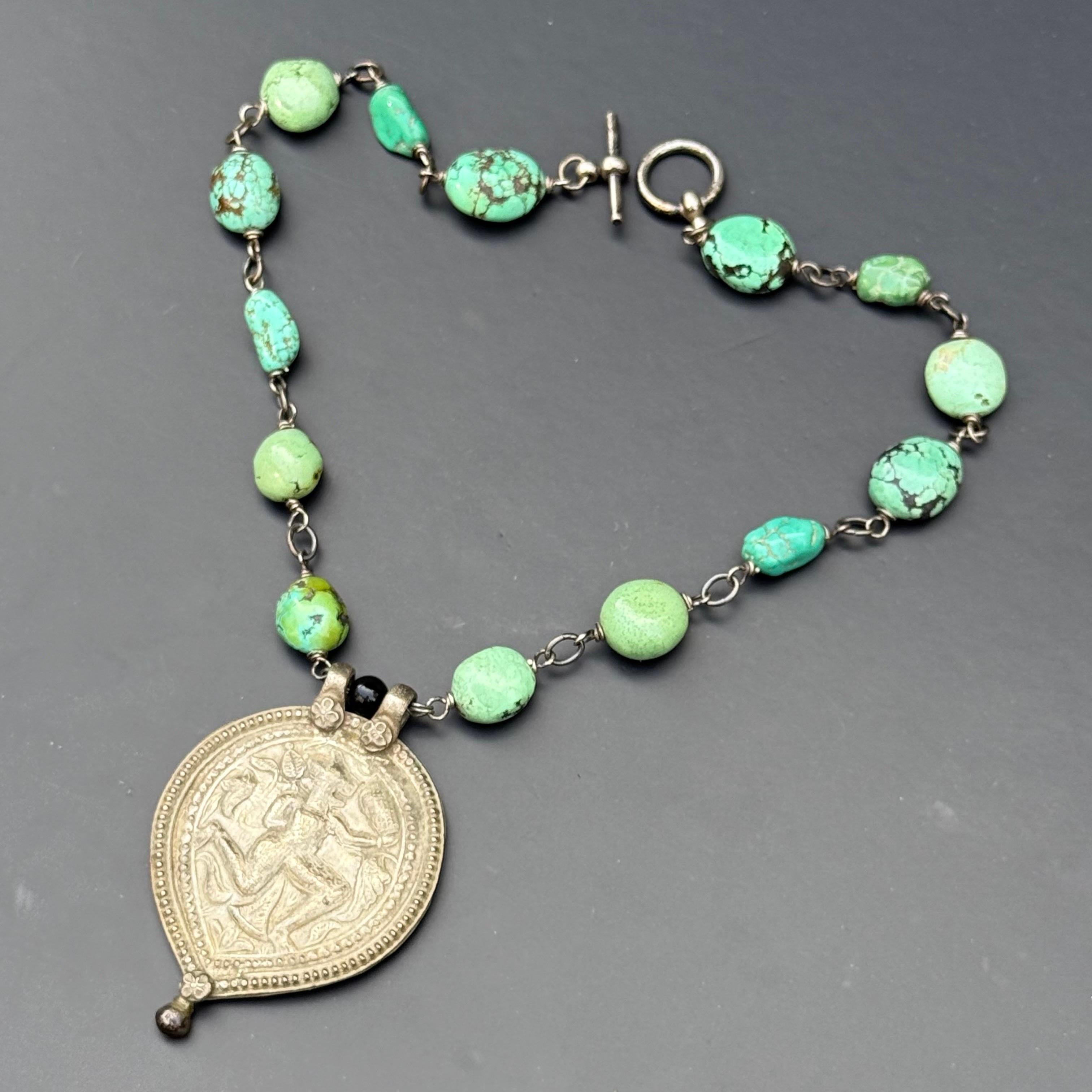 Artisan Handmade Necklace with Antique Indian Silver Hanuman Amulet Turquoise For Sale