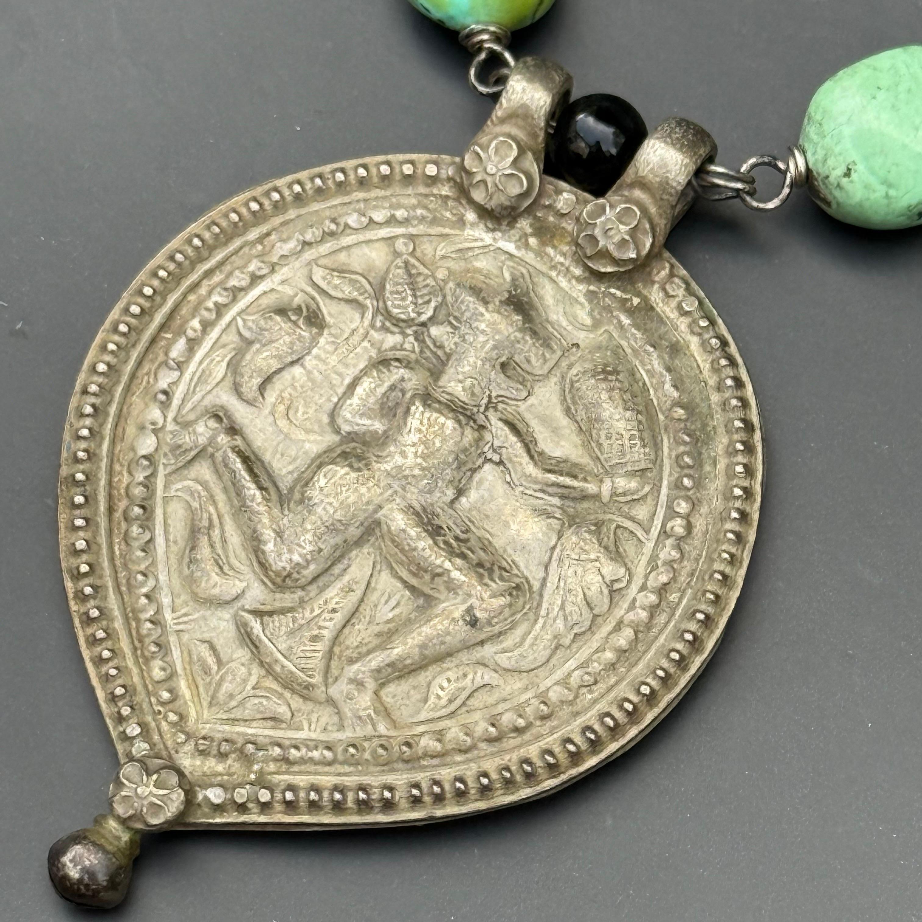 Bead Handmade Necklace with Antique Indian Silver Hanuman Amulet Turquoise For Sale