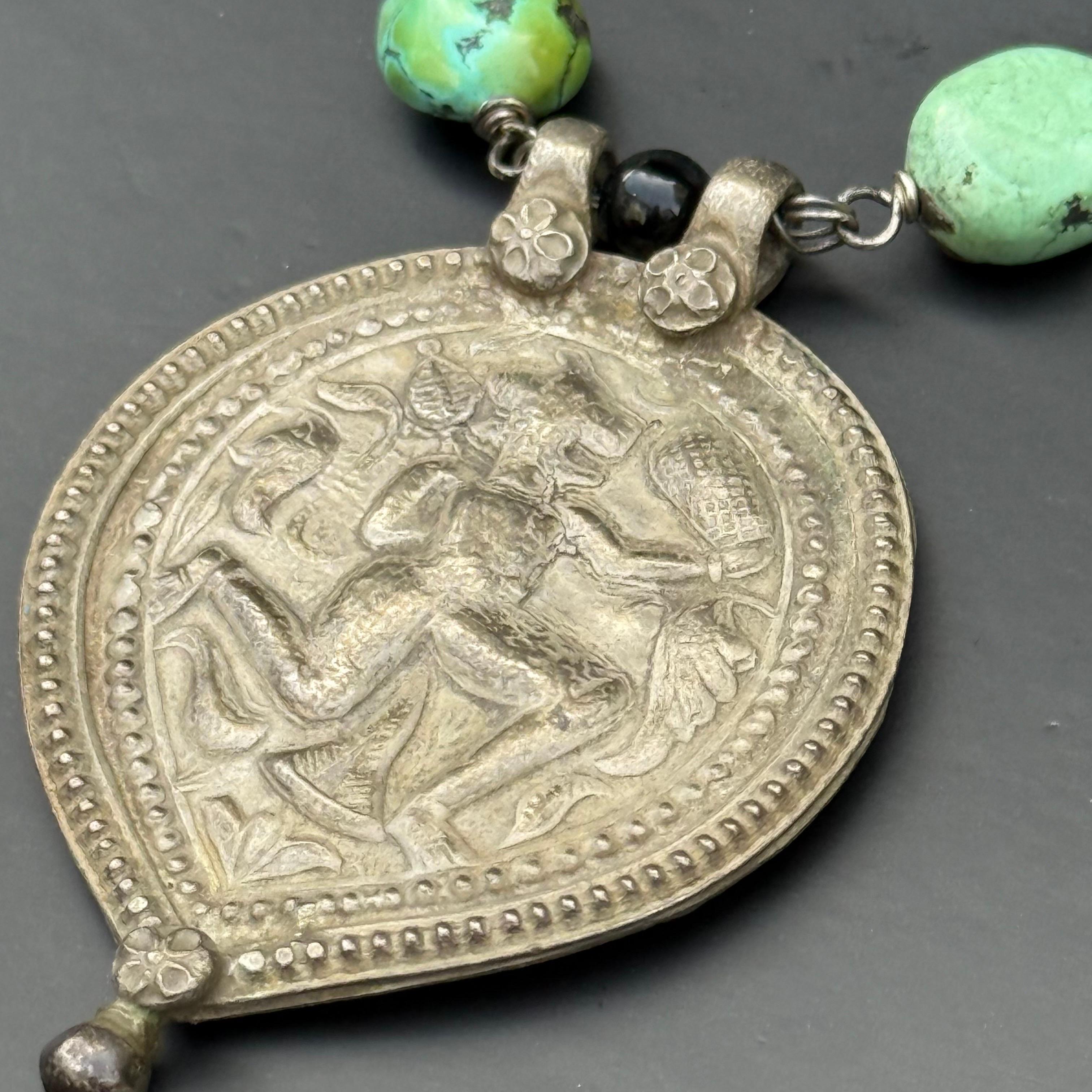 Handmade Necklace with Antique Indian Silver Hanuman Amulet Turquoise In Good Condition For Sale In Monroe Township, NJ