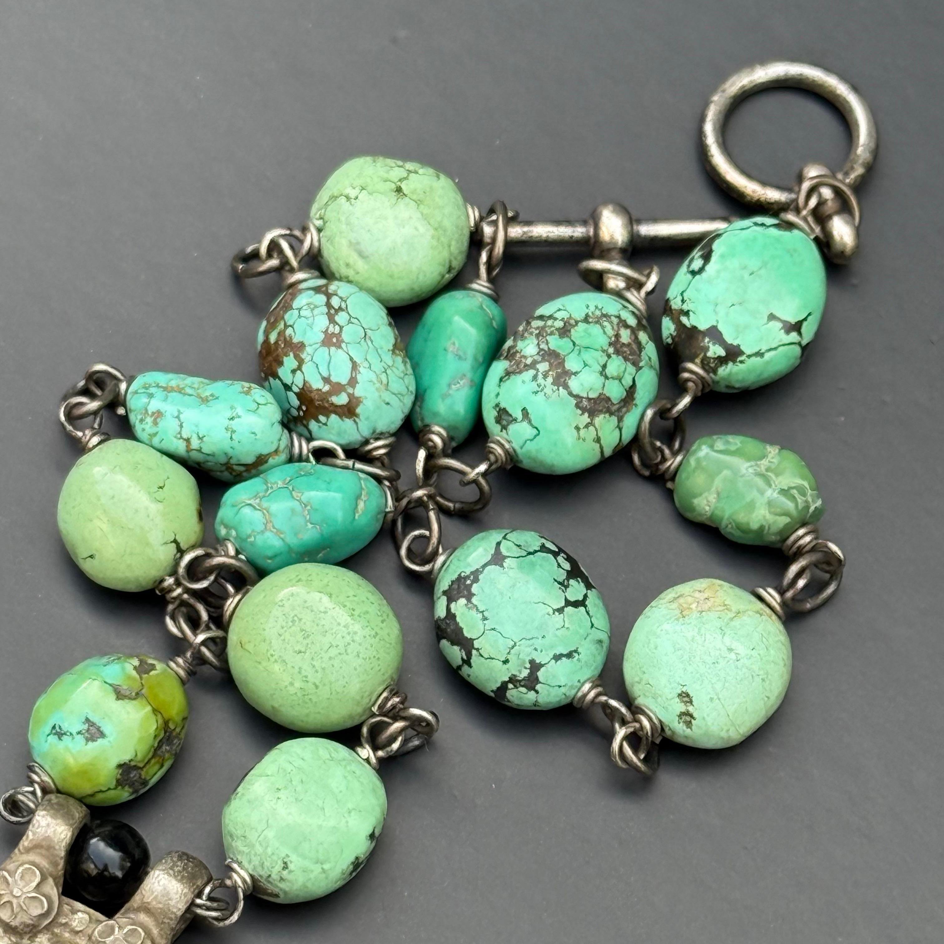Women's or Men's Handmade Necklace with Antique Indian Silver Hanuman Amulet Turquoise For Sale