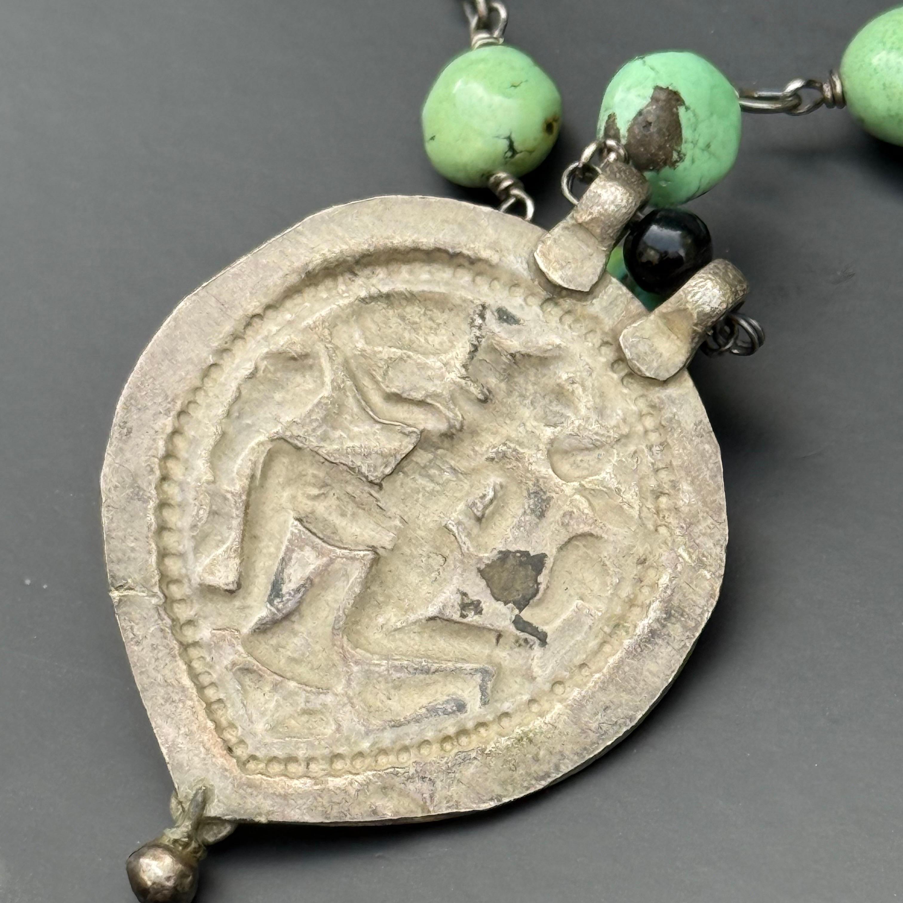 Handmade Necklace with Antique Indian Silver Hanuman Amulet Turquoise For Sale 2