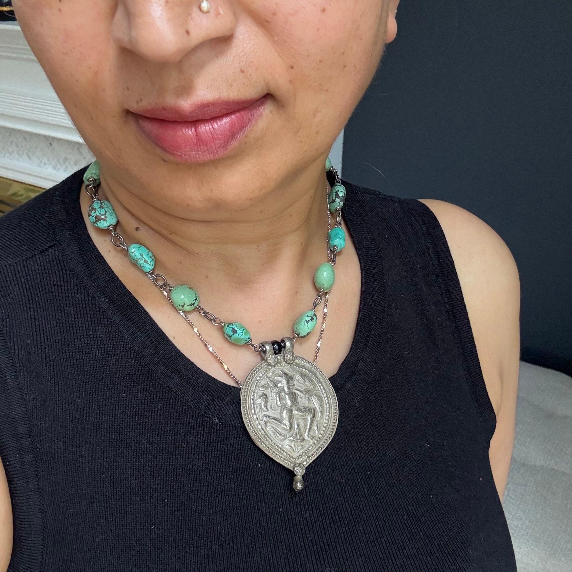 Handmade Necklace with Antique Indian Silver Hanuman Amulet Turquoise For Sale 3