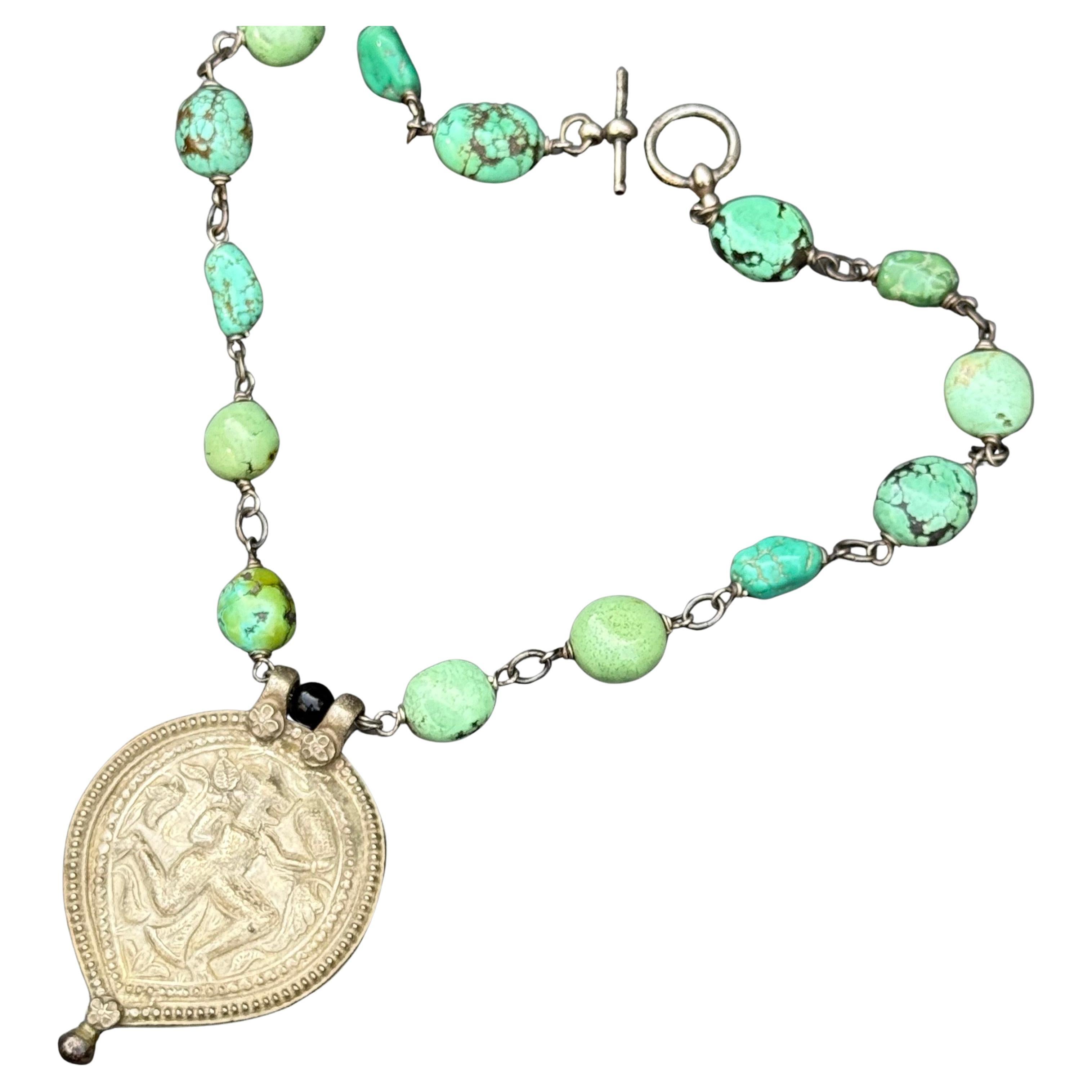 Handmade Necklace with Antique Indian Silver Hanuman Amulet Turquoise For Sale