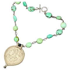 Collier artisanal avec amulettes Hanuman en argent indien ancien et turquoise