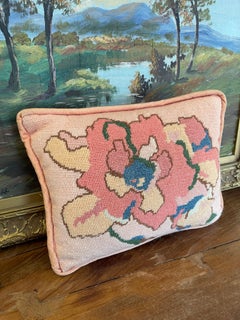 Handmade Needlepoint Floral Pillow with Pink Corduroy Backing - Accent Cushion.