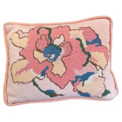 Handmade Needlepoint Floral Pillow with Pink Corduroy Backing - Accent Cushion.