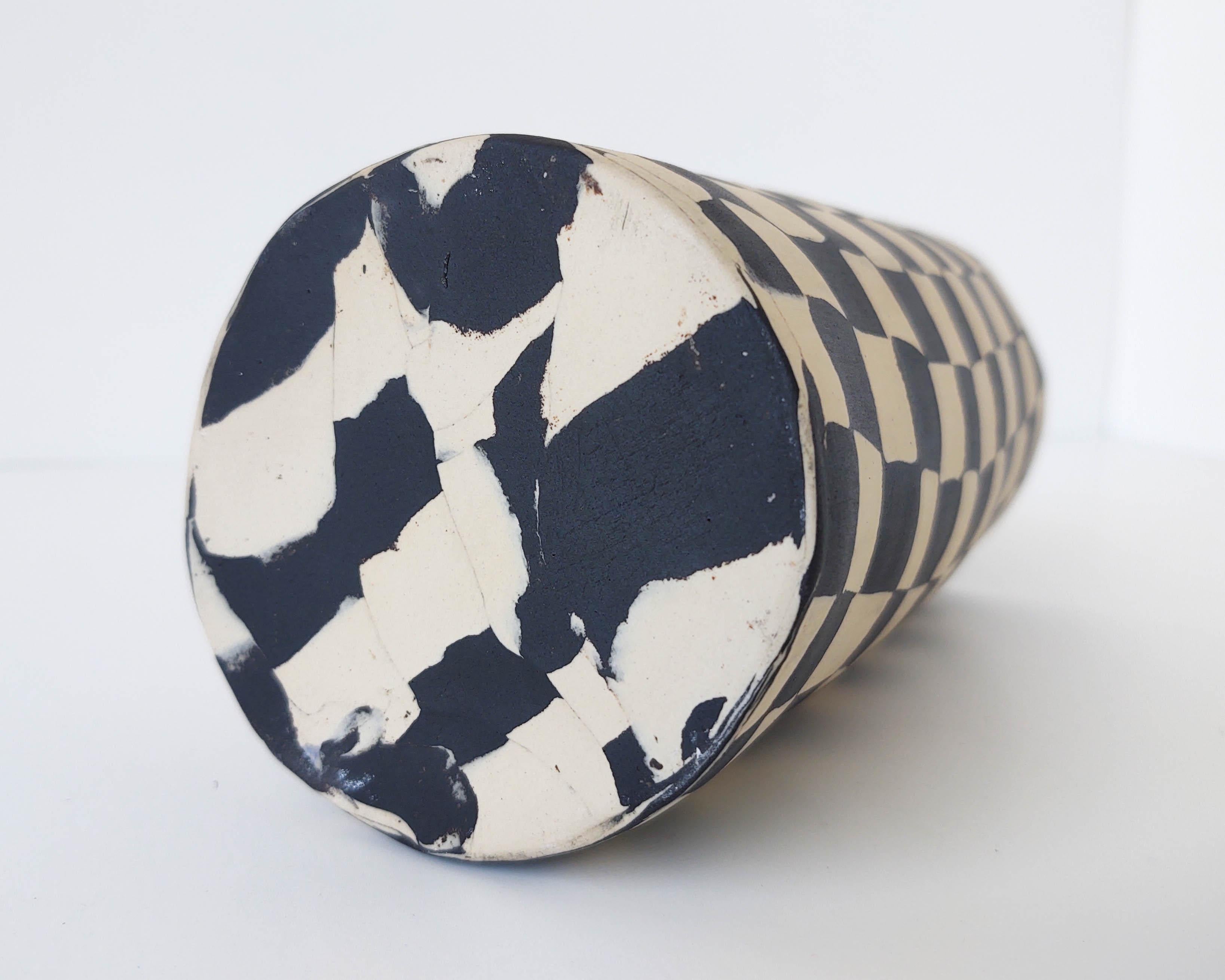 American Handmade Nerikomi Black & White Checkered Ceramic Vase by Fizzy Ceramics