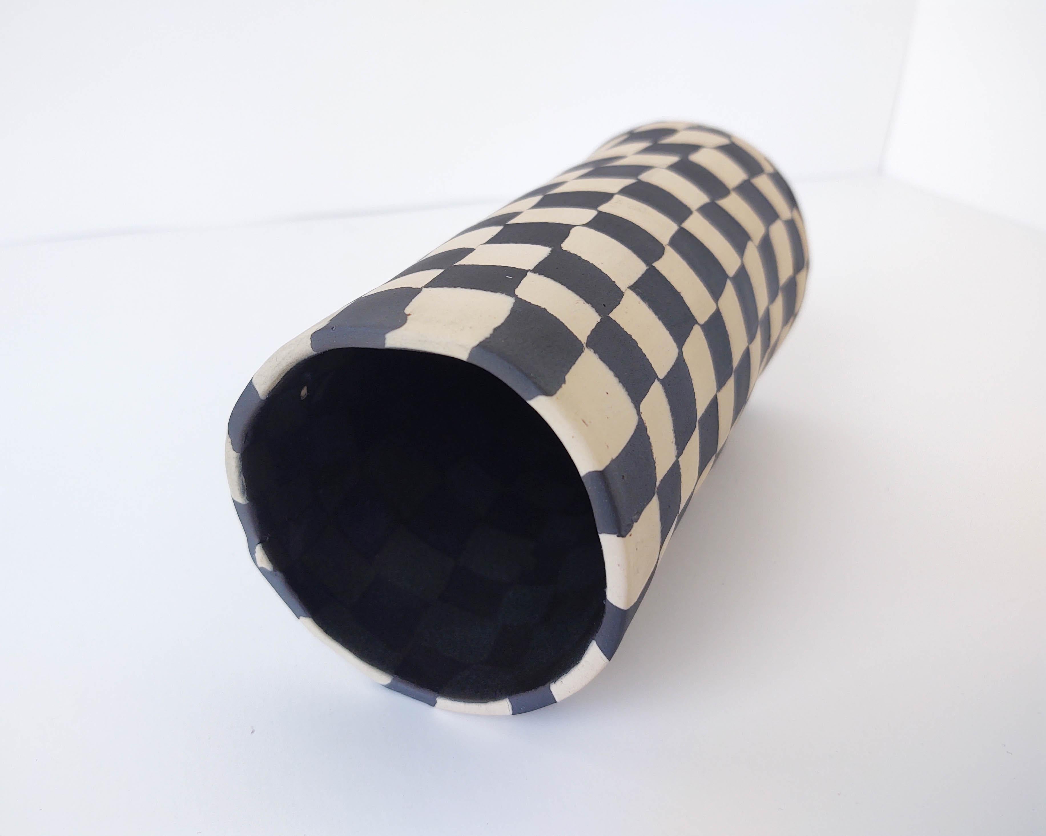 Hand-Crafted Handmade Nerikomi Black & White Checkered Ceramic Vase by Fizzy Ceramics