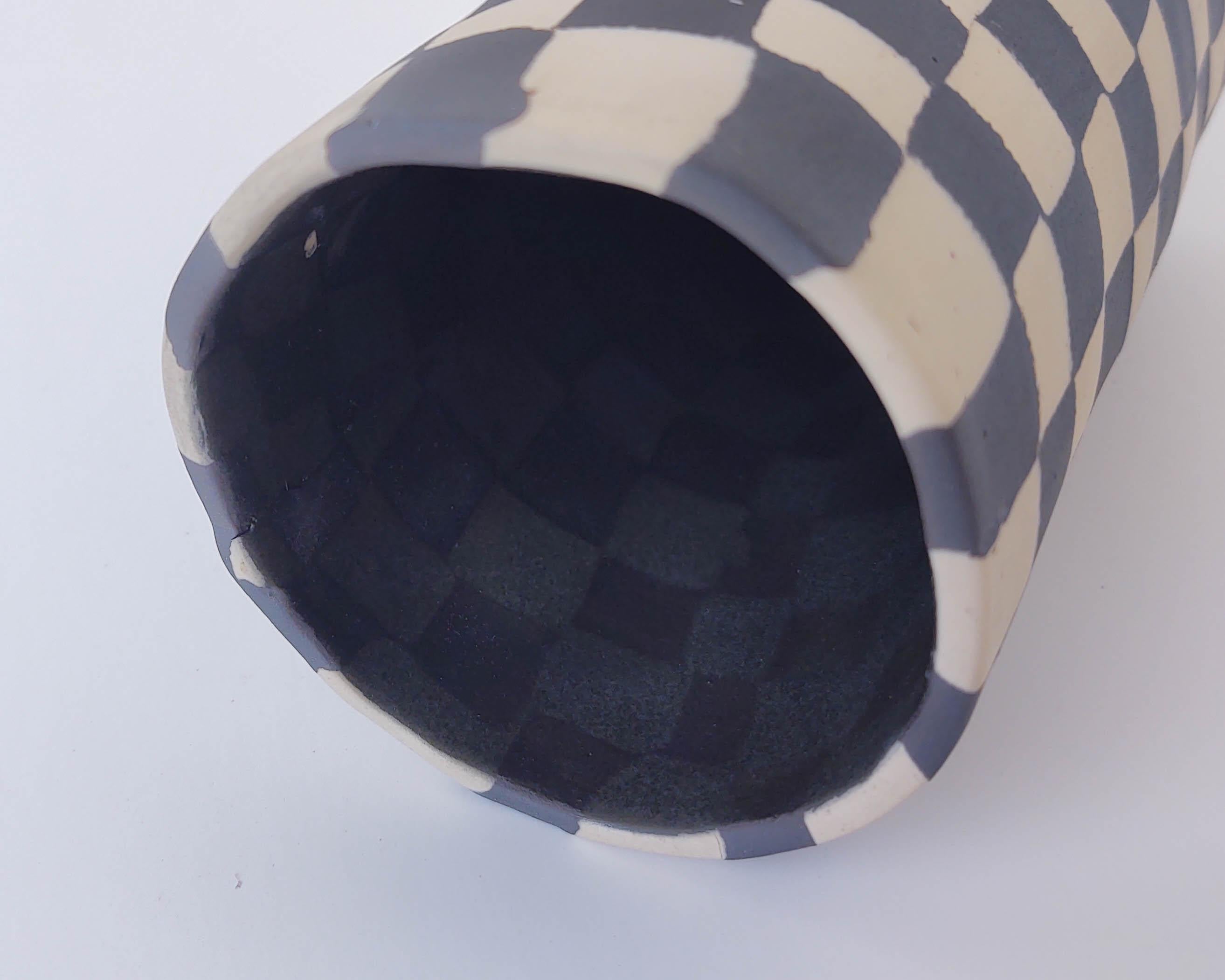 Handmade Nerikomi Black & White Checkered Ceramic Vase by Fizzy Ceramics In New Condition In Hawthorne, CA