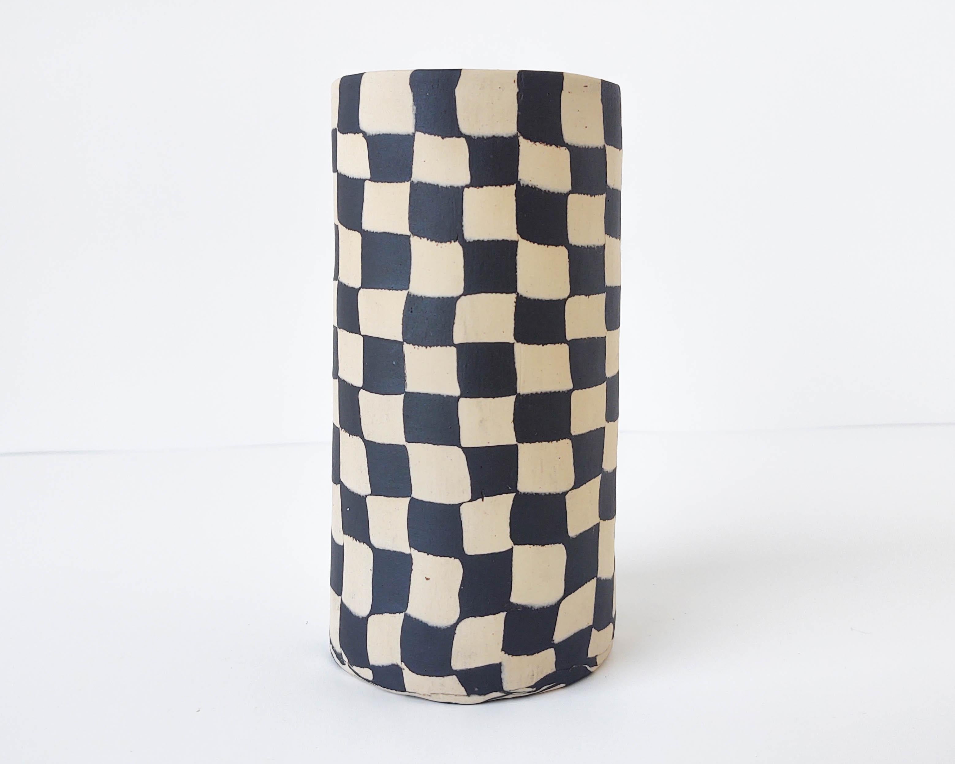 Contemporary Handmade Nerikomi Black & White Checkered Ceramic Vase by Fizzy Ceramics