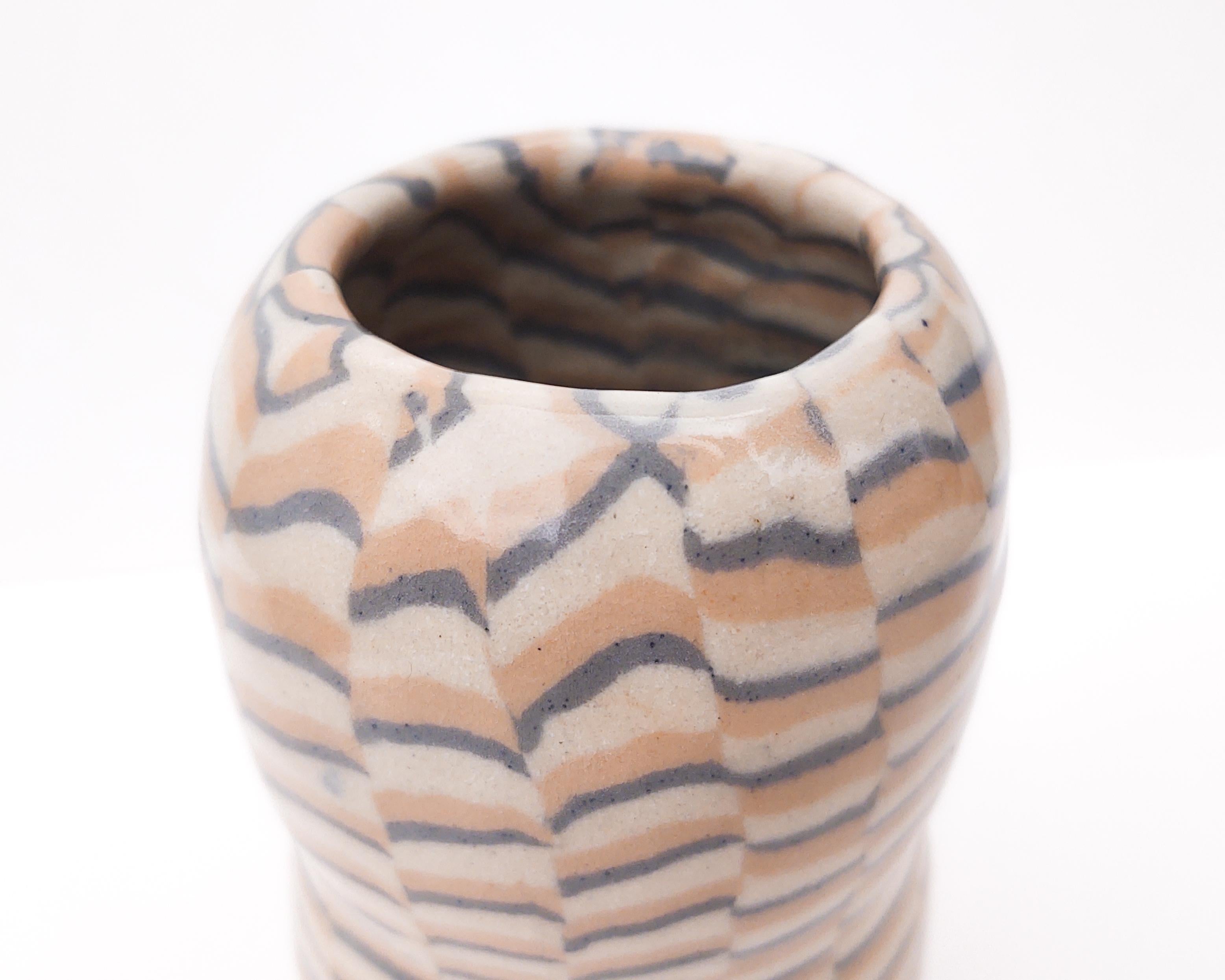 American Handmade Nerikomi Three Color Abstract 'Peanut' Vase by Fizzy Ceramics For Sale