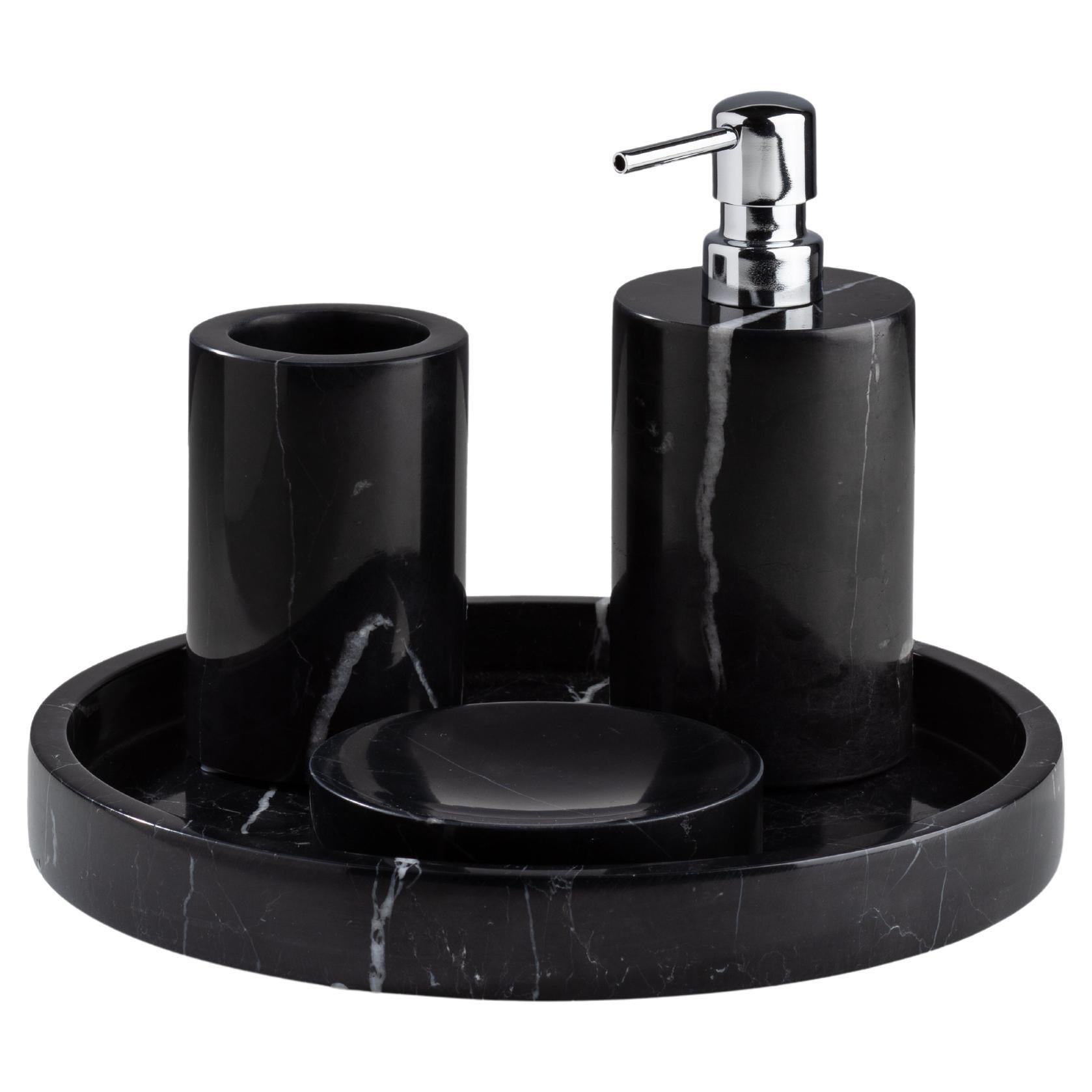 Handmade Nero Marquina Marble Bathroom Set with Round Tray