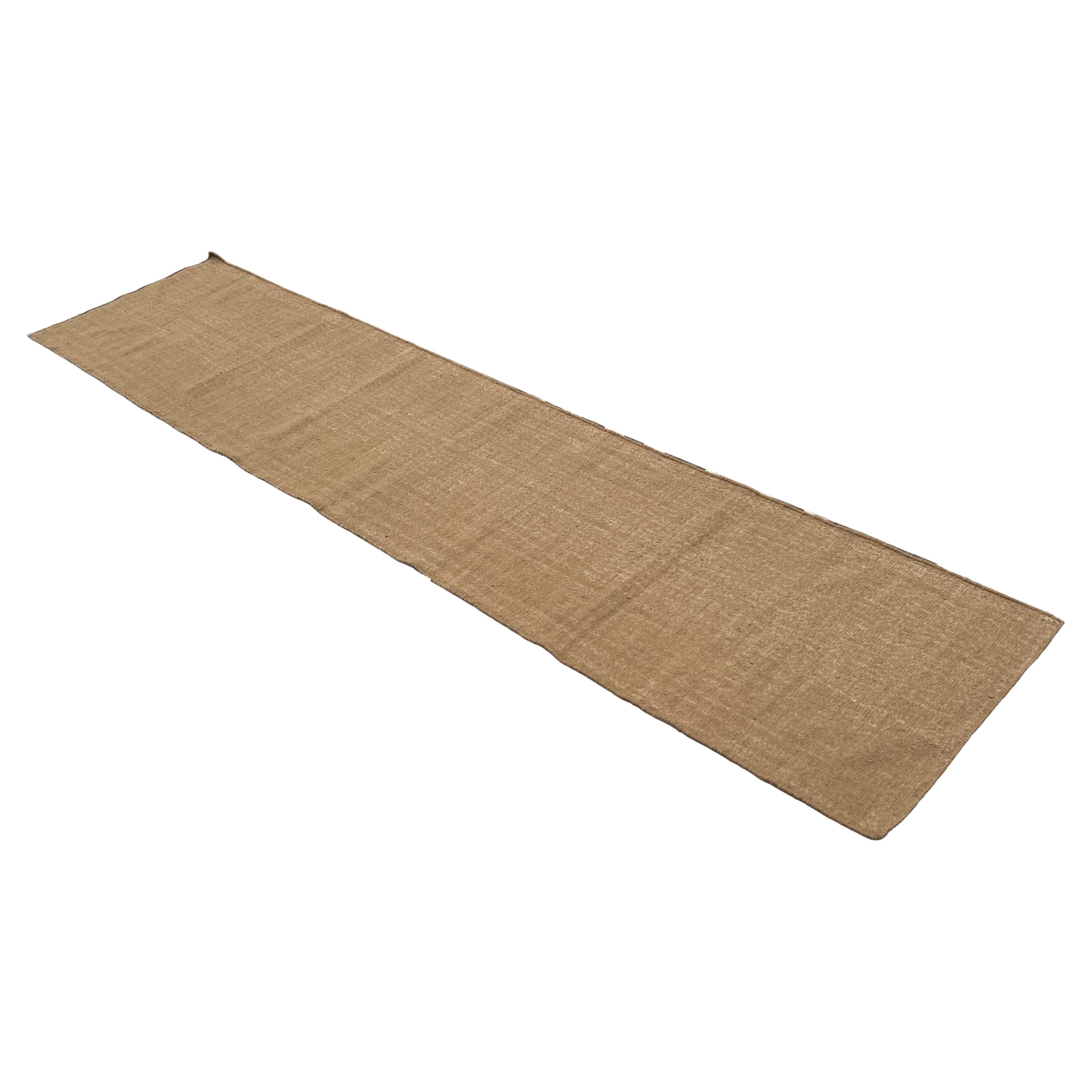 Runner fatto a mano in lana neozelandese a trama piatta, 2,5x10 tinta unita beige indiano Dhurrie