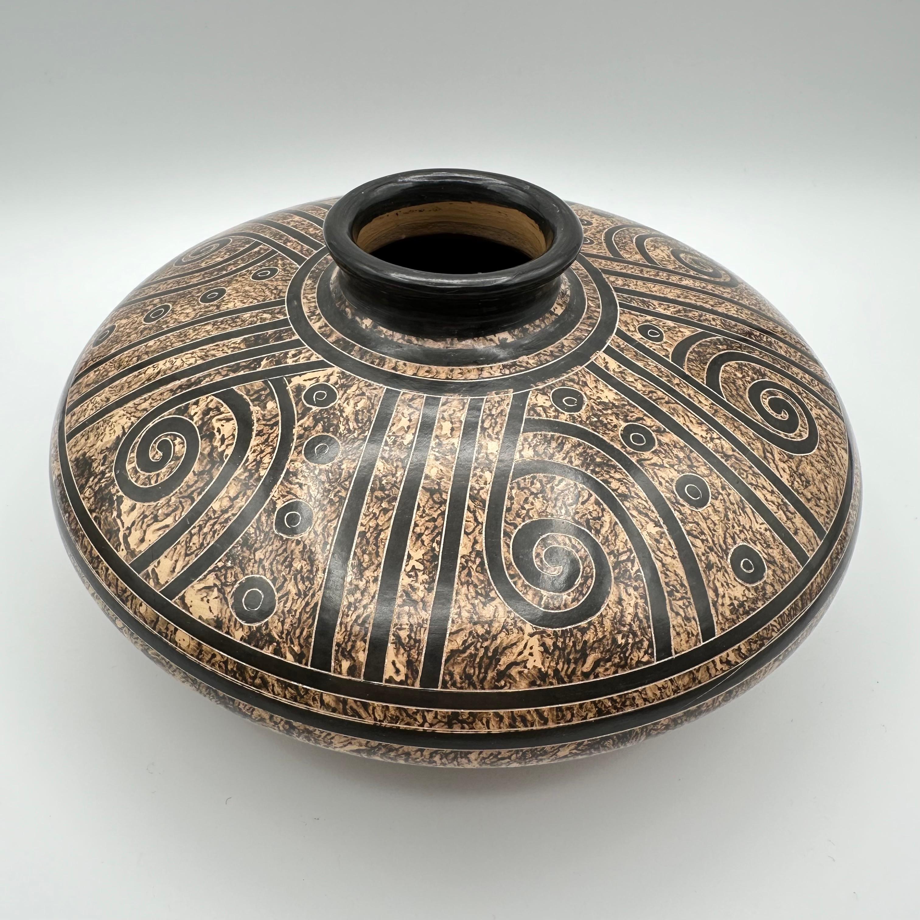 Glazed Handmade Nicaraguan Brown Ceramic Vase with Geometric Spiral Designs, Signed For Sale