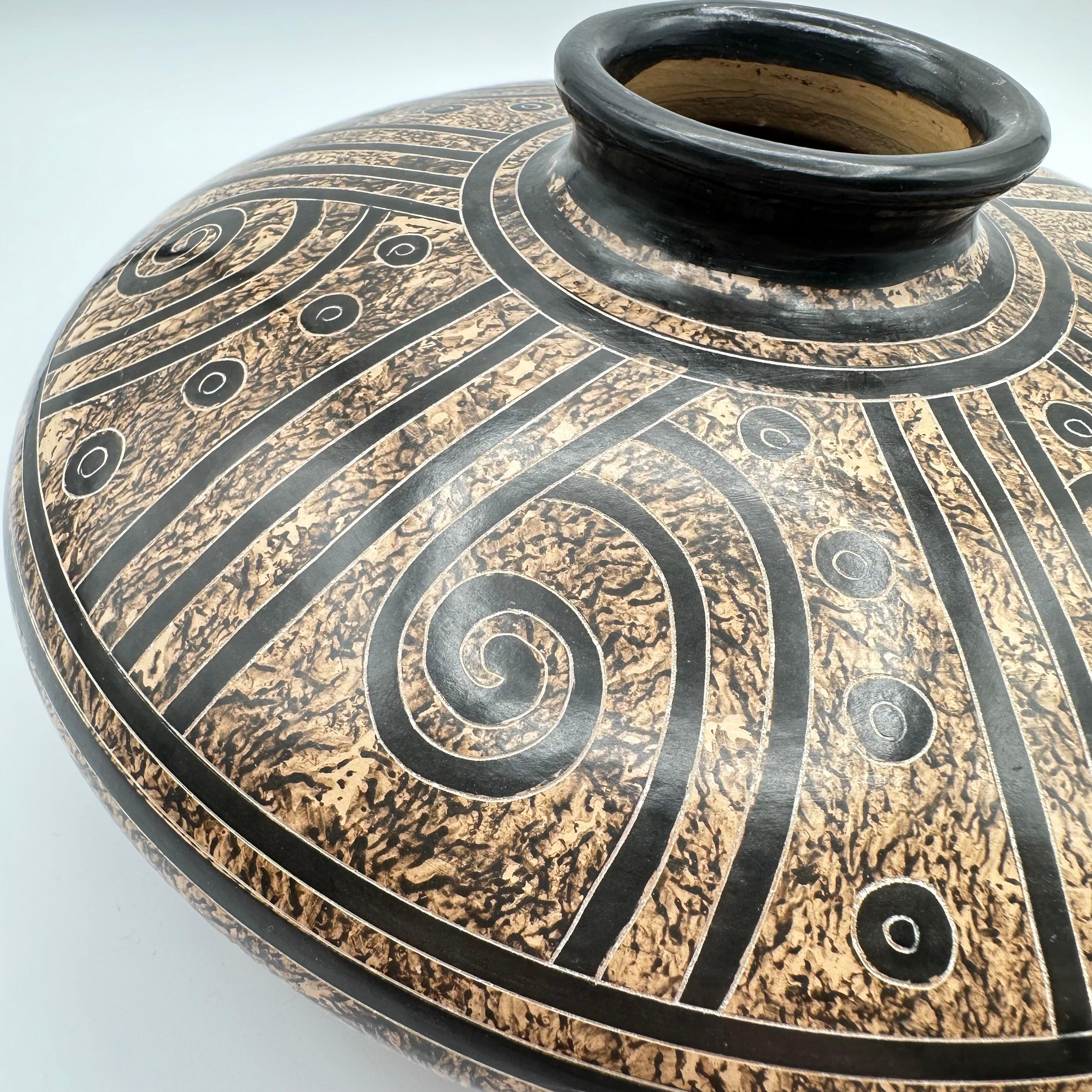 Handmade Nicaraguan Brown Ceramic Vase with Geometric Spiral Designs, Signed For Sale 1