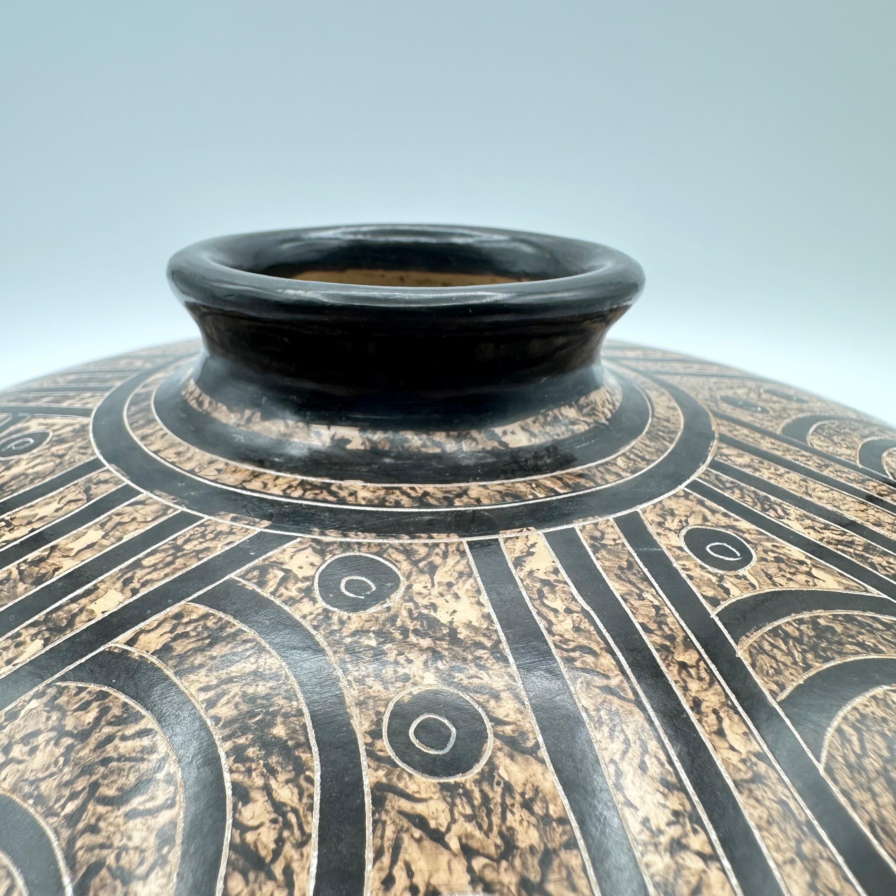 Handmade Nicaraguan Brown Ceramic Vase with Geometric Spiral Designs, Signed For Sale 2