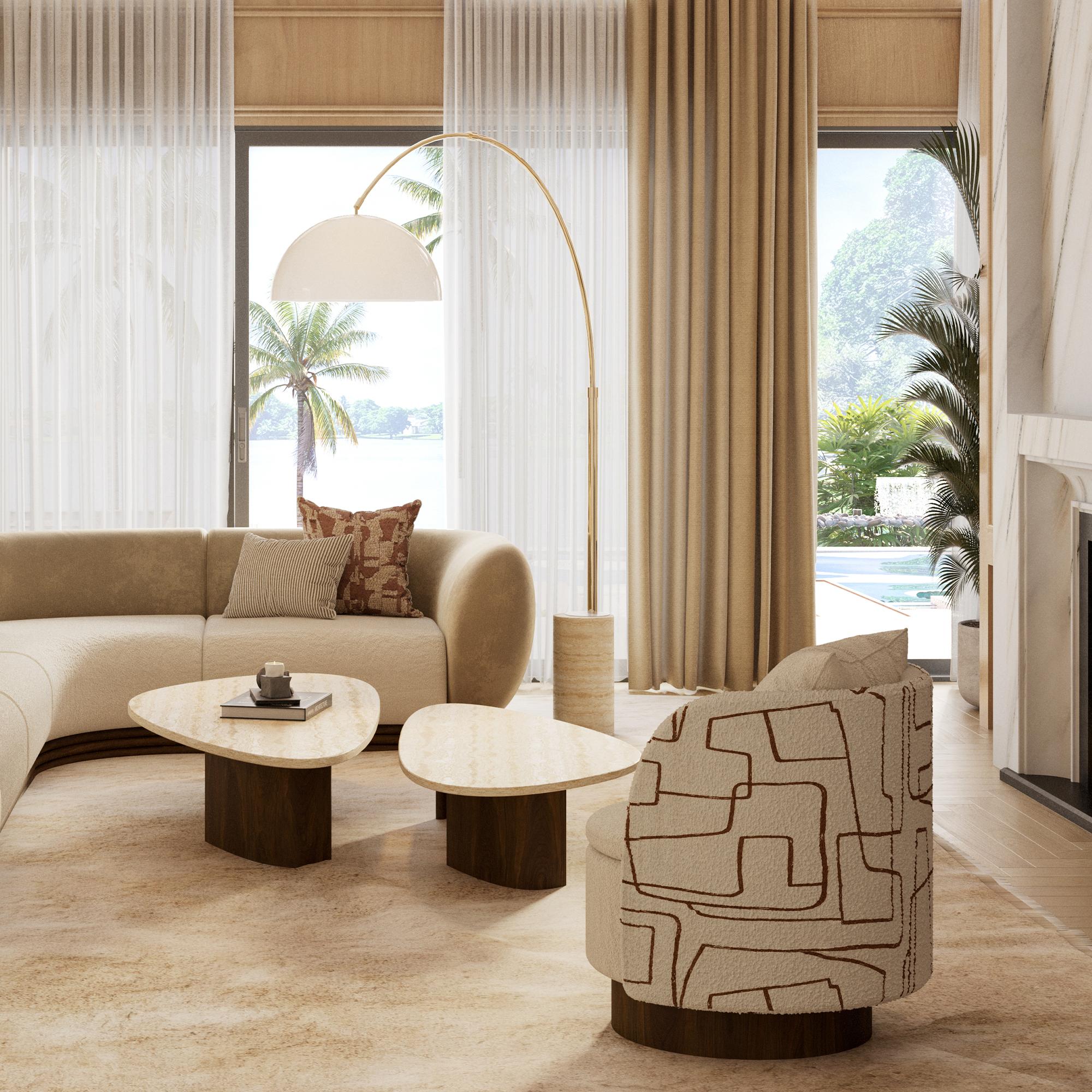 Le lampadaire Nils est une fusion élégante de matériaux organiques et de design moderne, offrant à la fois une beauté sculpturale et un éclairage fonctionnel. Ancrée par une base solide en travertin, sa texture naturelle et ses veines subtiles