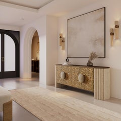 Handmade Nolita Harbour Cagli Sideboard: Travertine Ribbed Legs, Brass Handles