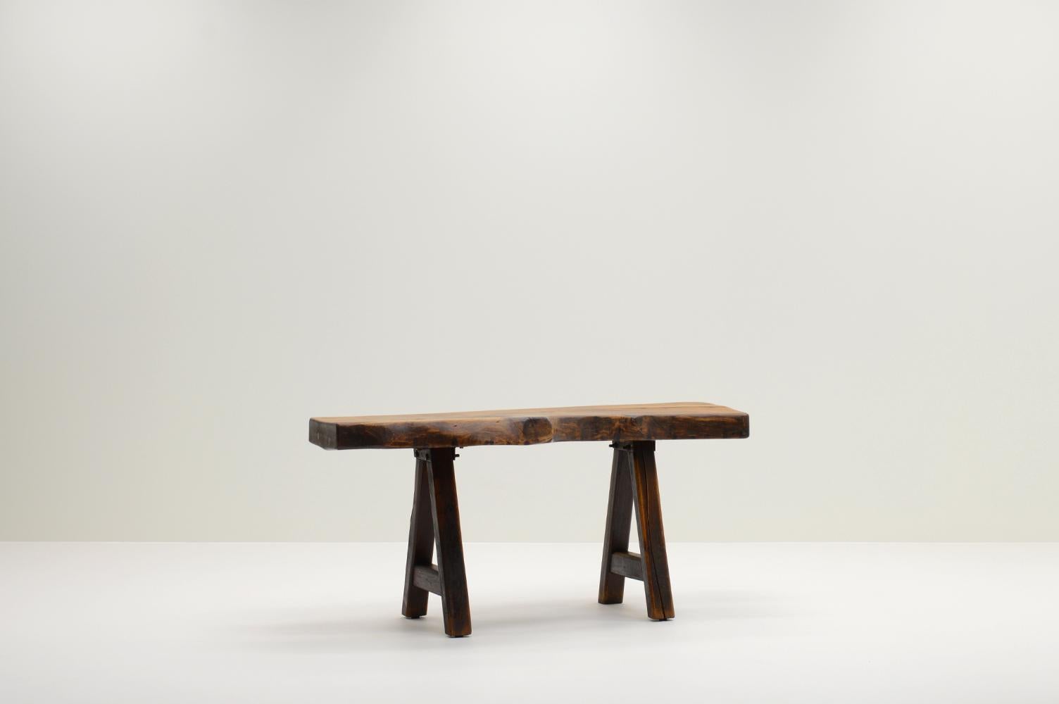 Handmade Oak brutalist table by Mobichalet, Belgium 60s. Thick solid oak tree slab top and solid oak base fixed with metal parts. Mobichalet is known for its rustic organic furniture. Becouse of the size the table can be used for several purposes.