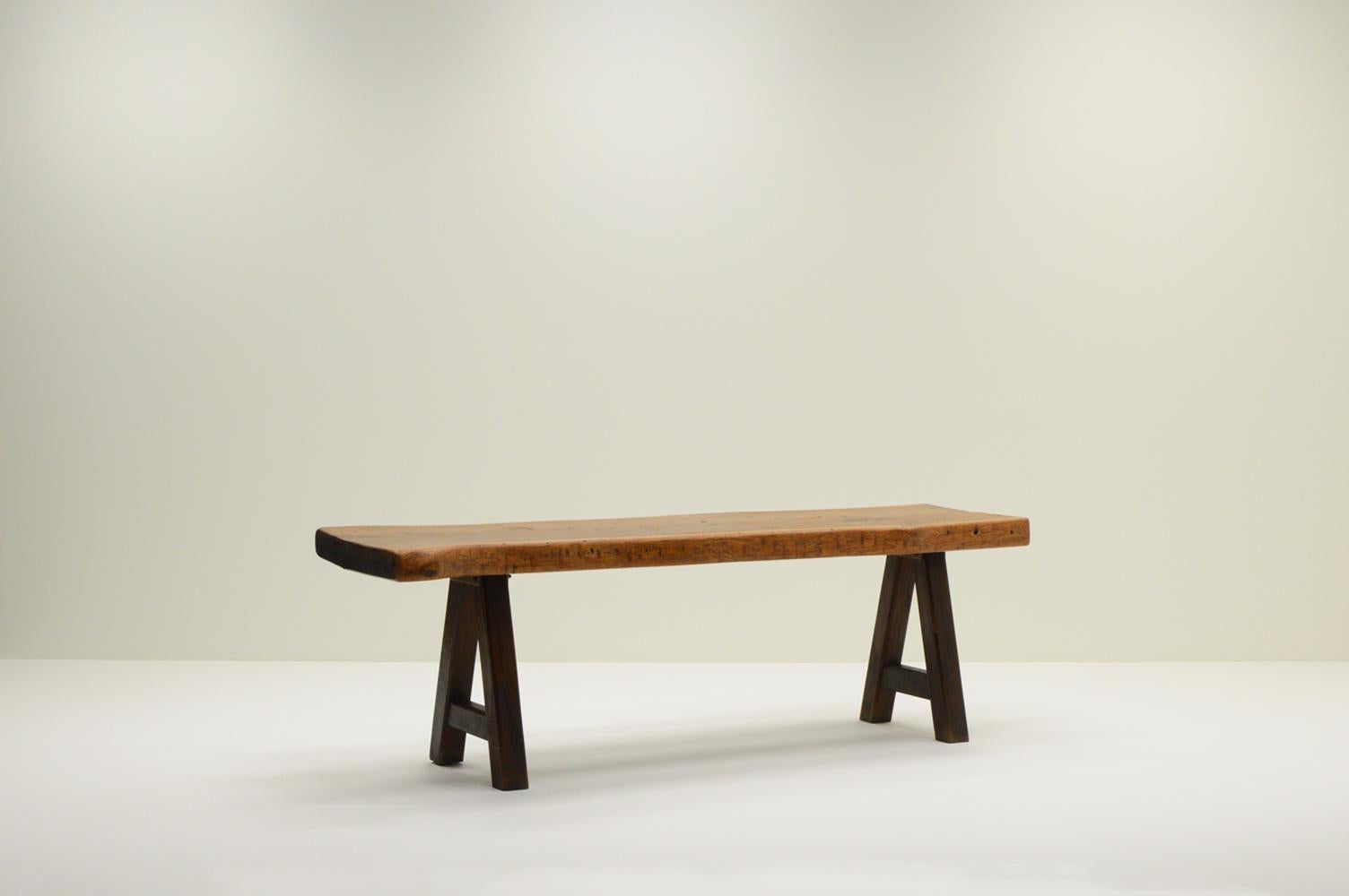 Handmade Oak brutalist table by Mobichalet, Belgium 60s. Large and thick solid oak tree slab top and solid oak base fixed with metal parts. Mobichalet is known for its rustic organic furniture. Because of the size the table can be used for several