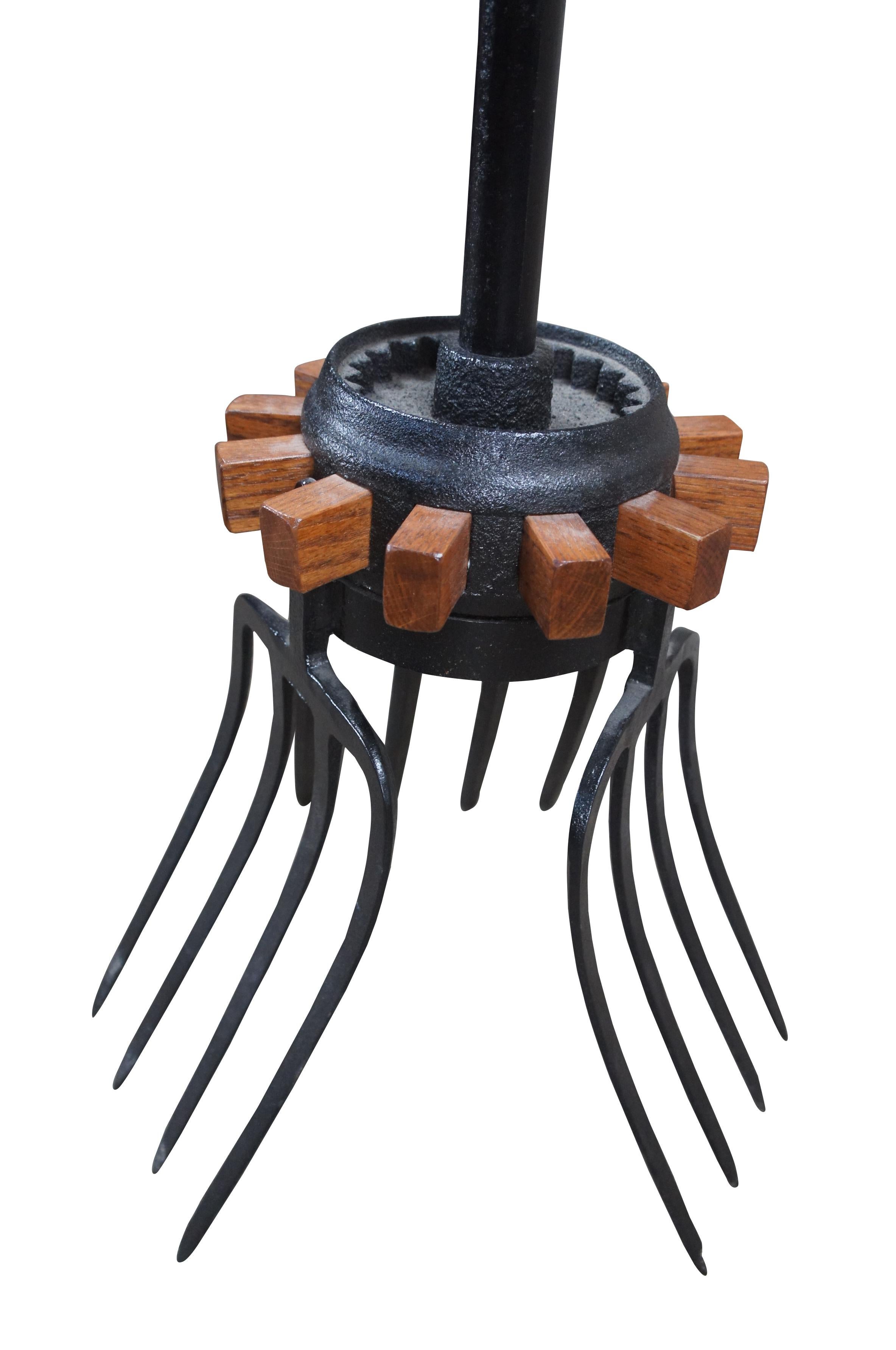 American Handmade Oak Industrial Reclaimed Cast Iron Wagon Wheel Pitchfork Bistro Table For Sale