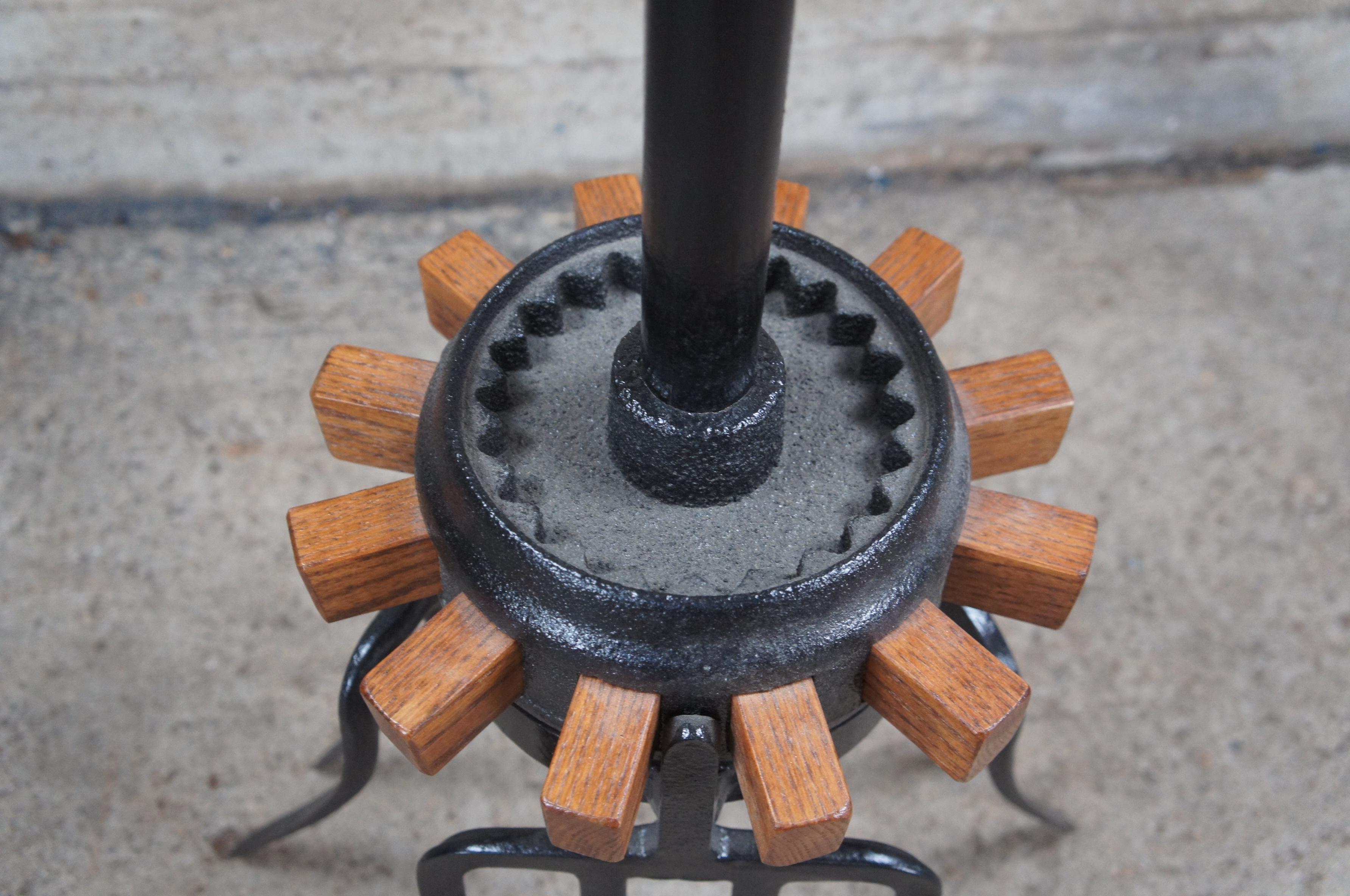 Handmade Oak Industrial Reclaimed Cast Iron Wagon Wheel Pitchfork Bistro Table For Sale 1
