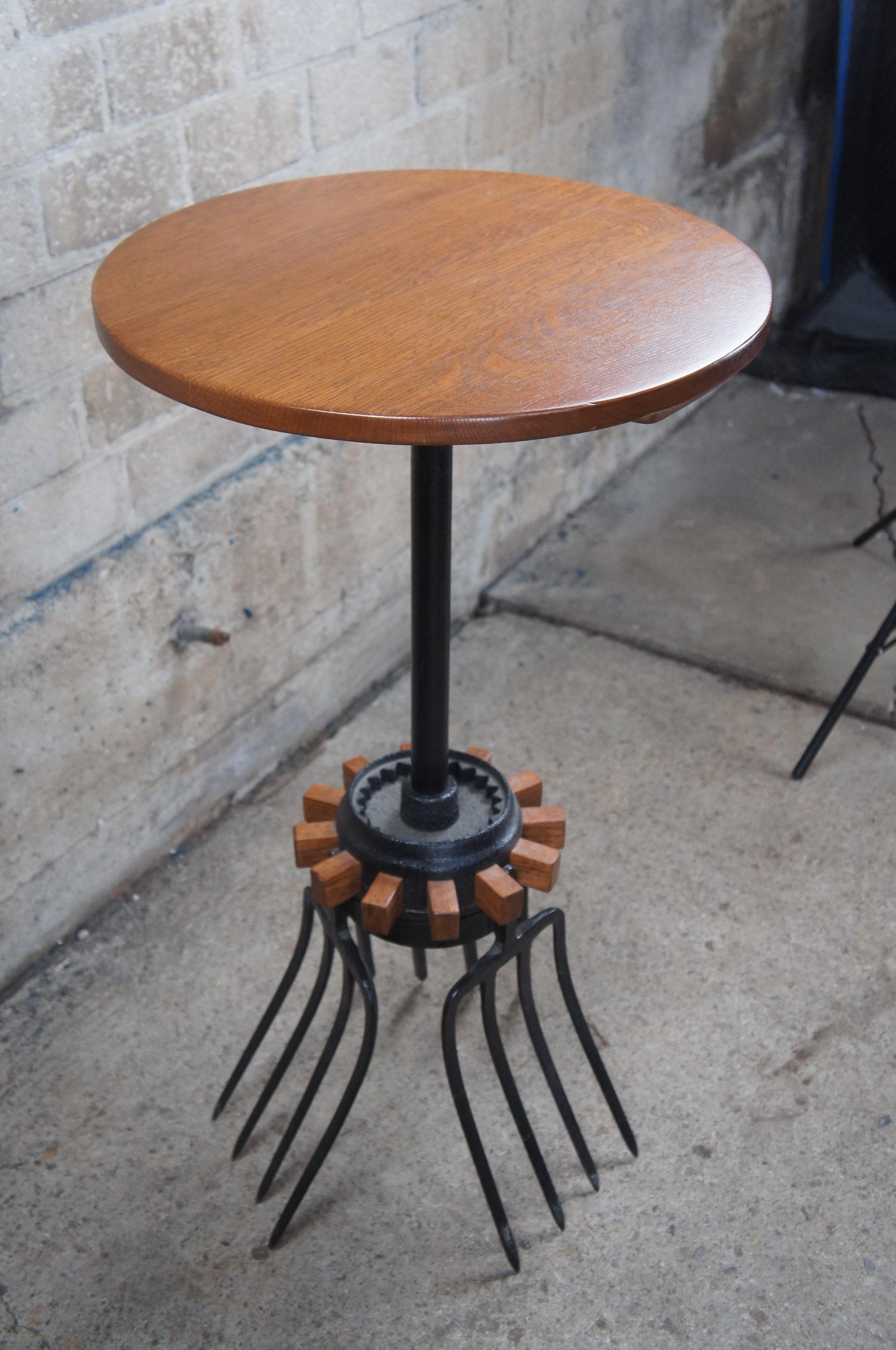 Handmade Oak Industrial Reclaimed Cast Iron Wagon Wheel Pitchfork Bistro Table For Sale 4