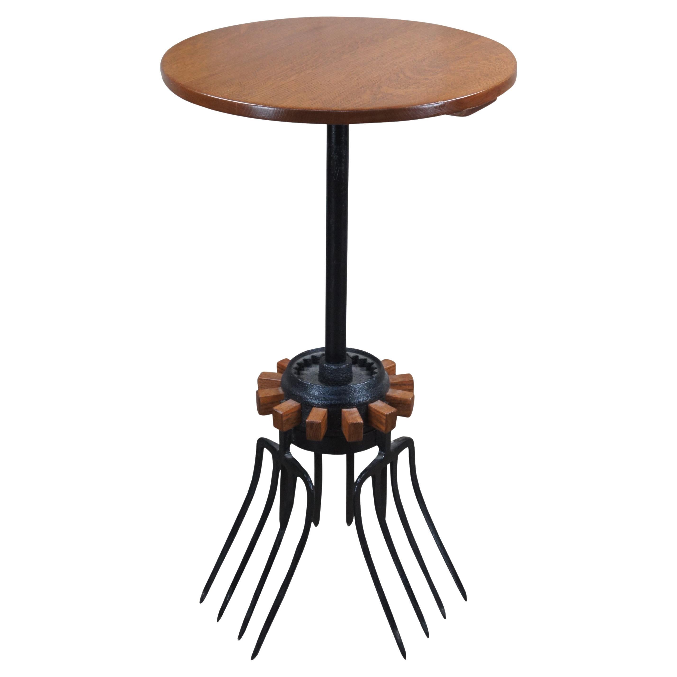 Handmade Oak Industrial Reclaimed Cast Iron Wagon Wheel Pitchfork Bistro Table For Sale