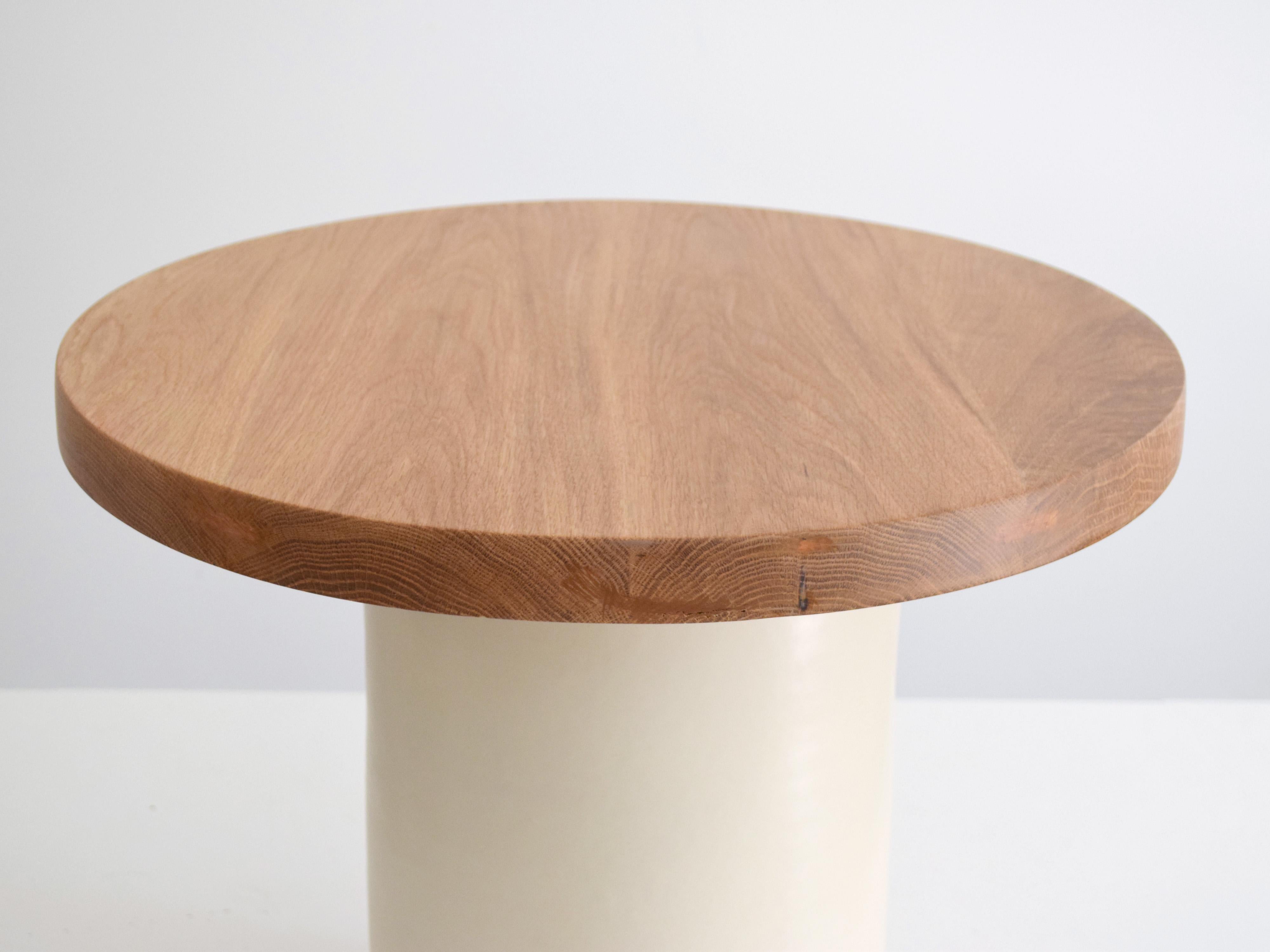 Glazed Handmade Off-White Ceramic Coffee Table Oak Tabletop For Sale