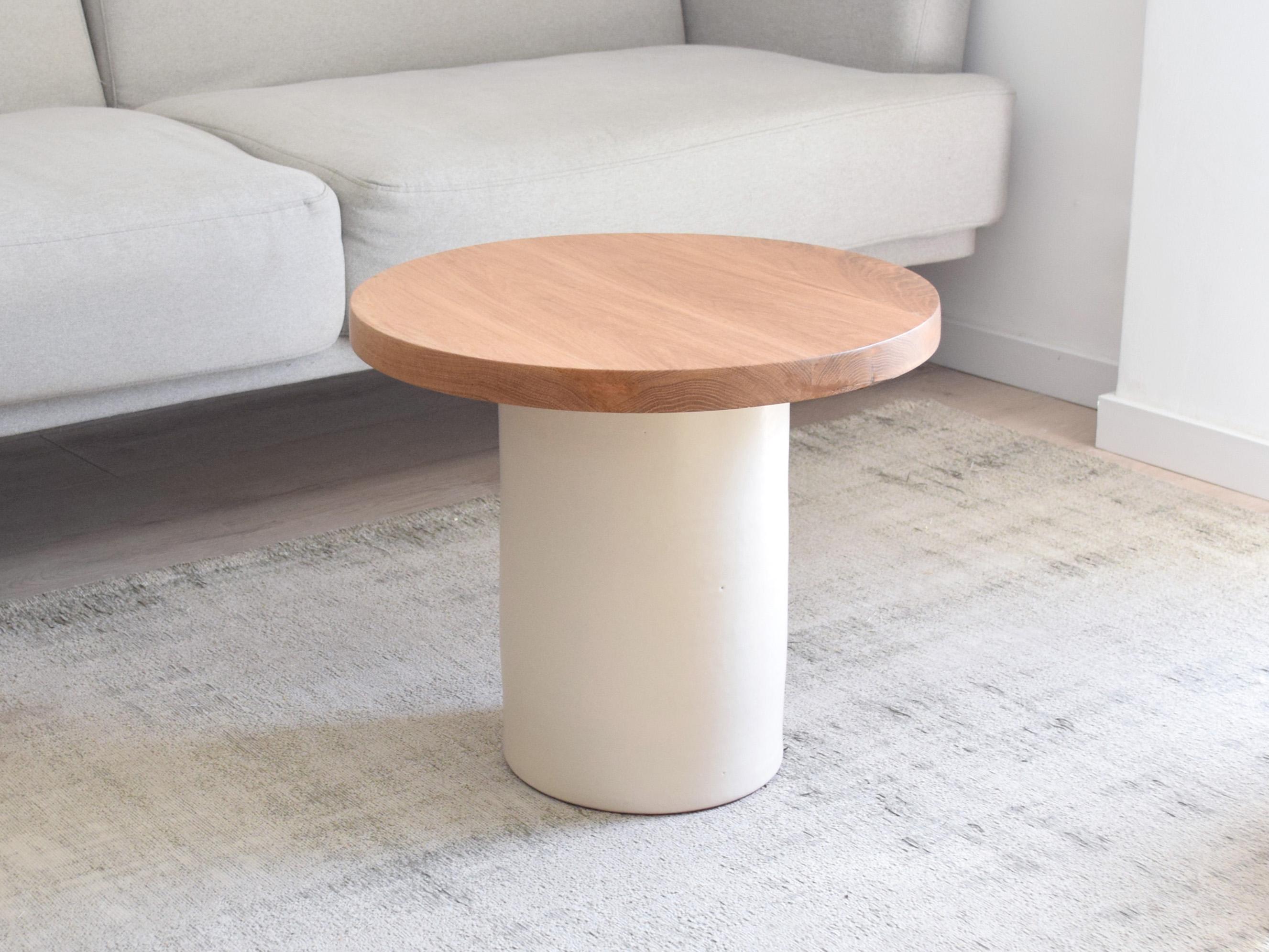Handmade Off-White Ceramic Coffee Table Oak Tabletop For Sale 1