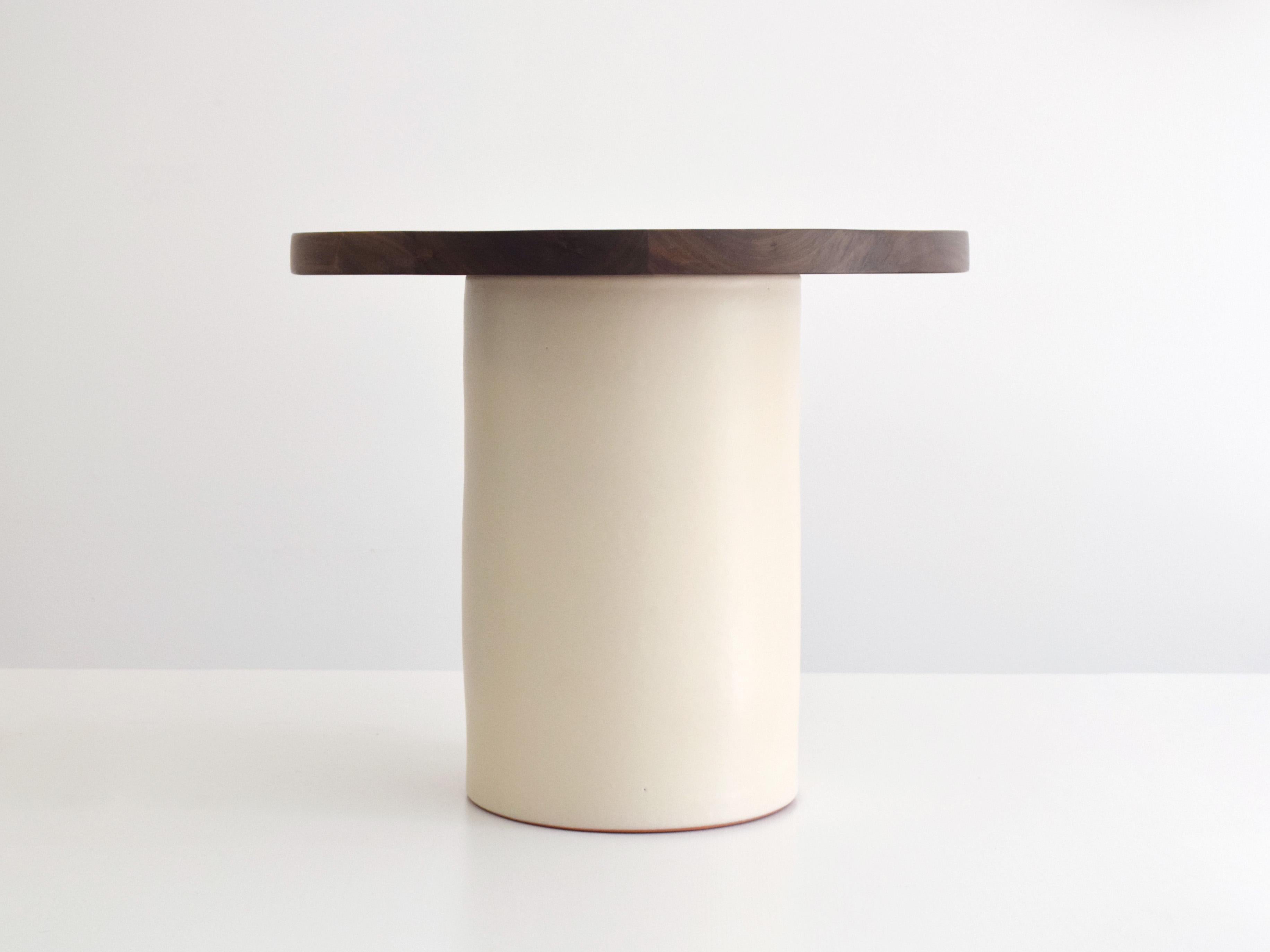 Portuguese Handmade Off-White Ceramic Coffee Table Walnut Tabletop For Sale